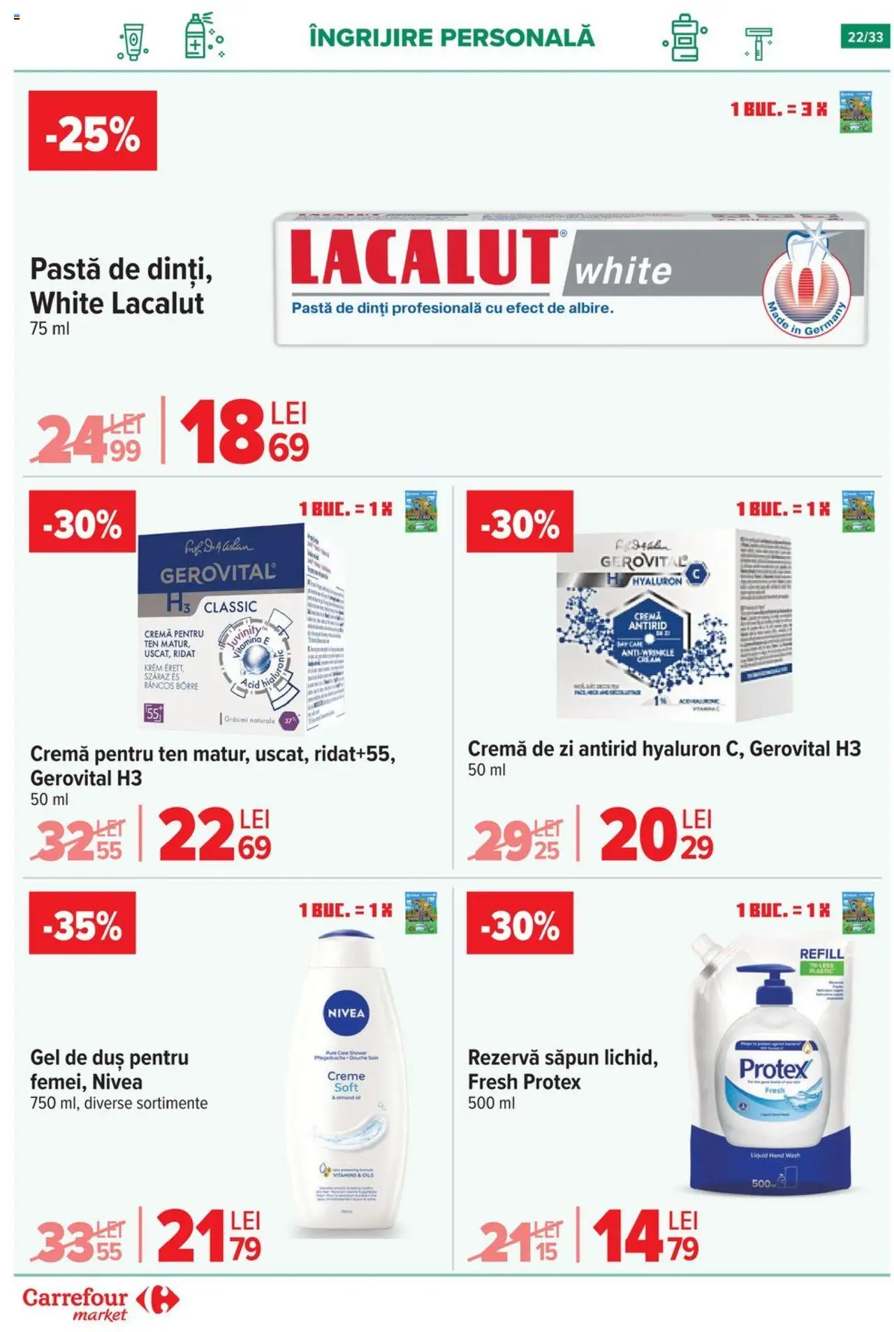 Noul catalog Carrefour – valabil de la 01.10.2025 | Pagină: 23 | Produse: Duș, Săpun, Pastă de dinți, Rezervă săpun