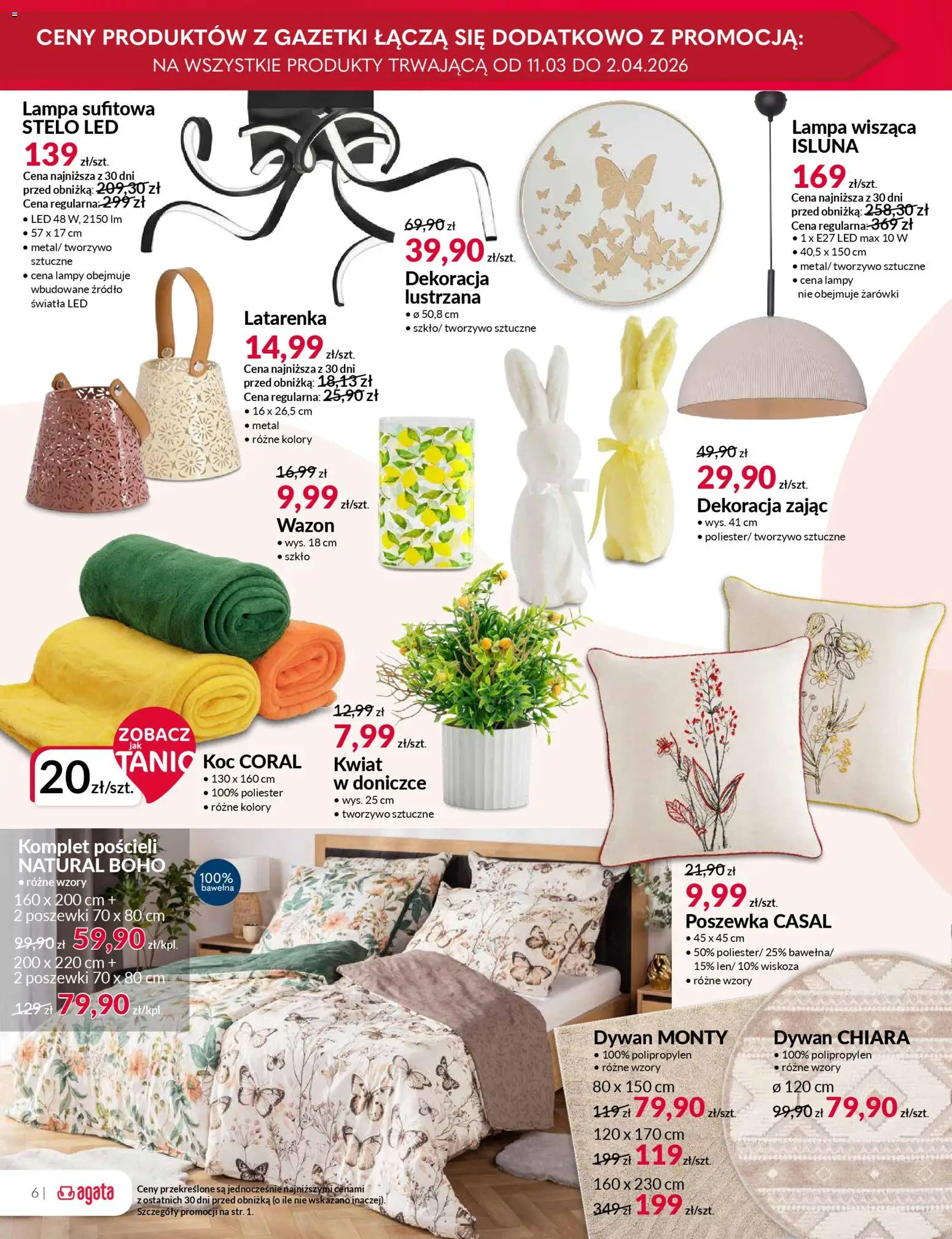 Salony Agata gazetka od 11.03.2026 | Strona: 6 | Produkty: Koc, Dywan, Wazon, Żarówki