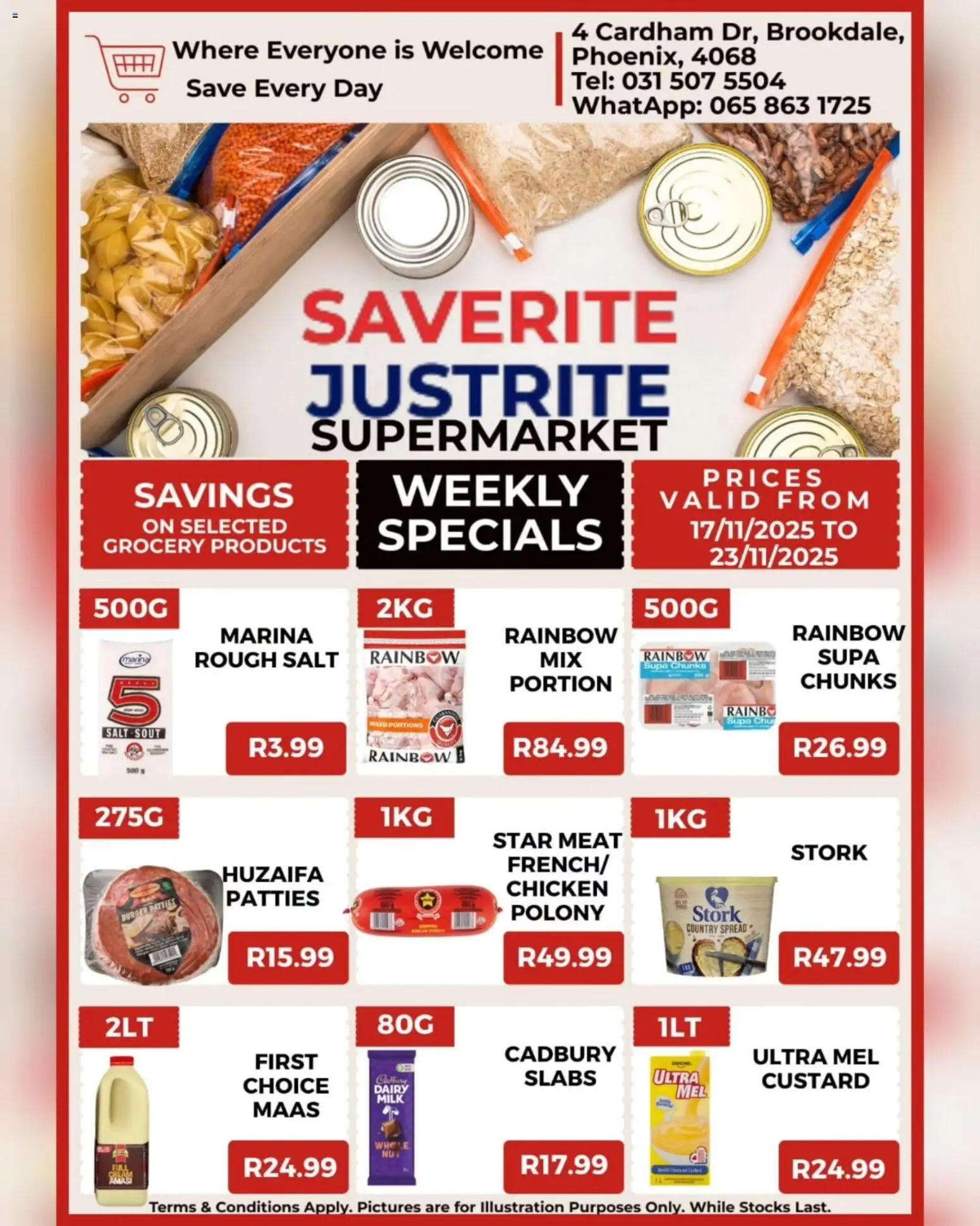 New Saverite catalogue – valid from 17.11.2025 | Page: 4 | Products: Custard, Milk, Polony, Salt