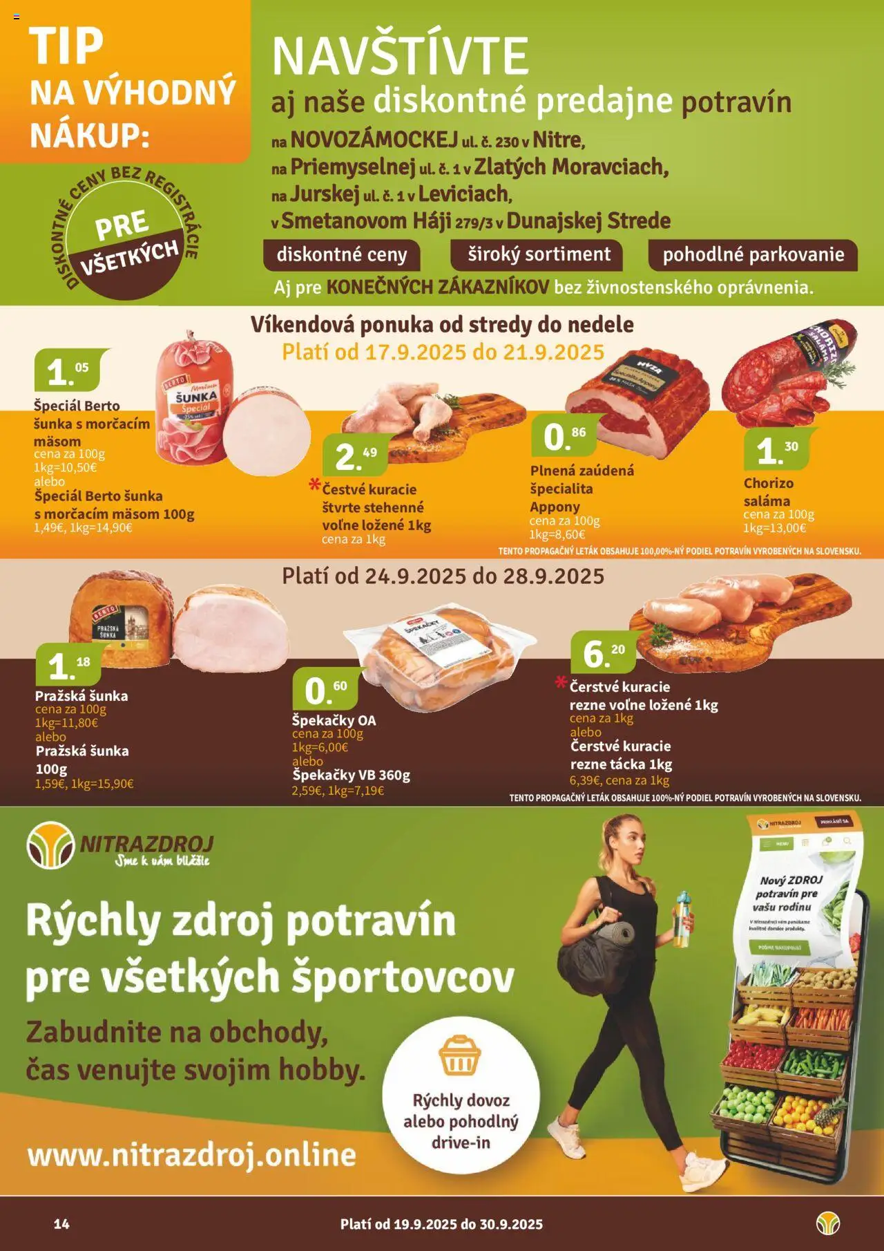 Nové Nitrazdroj akcie – leták je platný od 19.09.2025 | Strana: 14 | Produkty: Saláma, Šunka