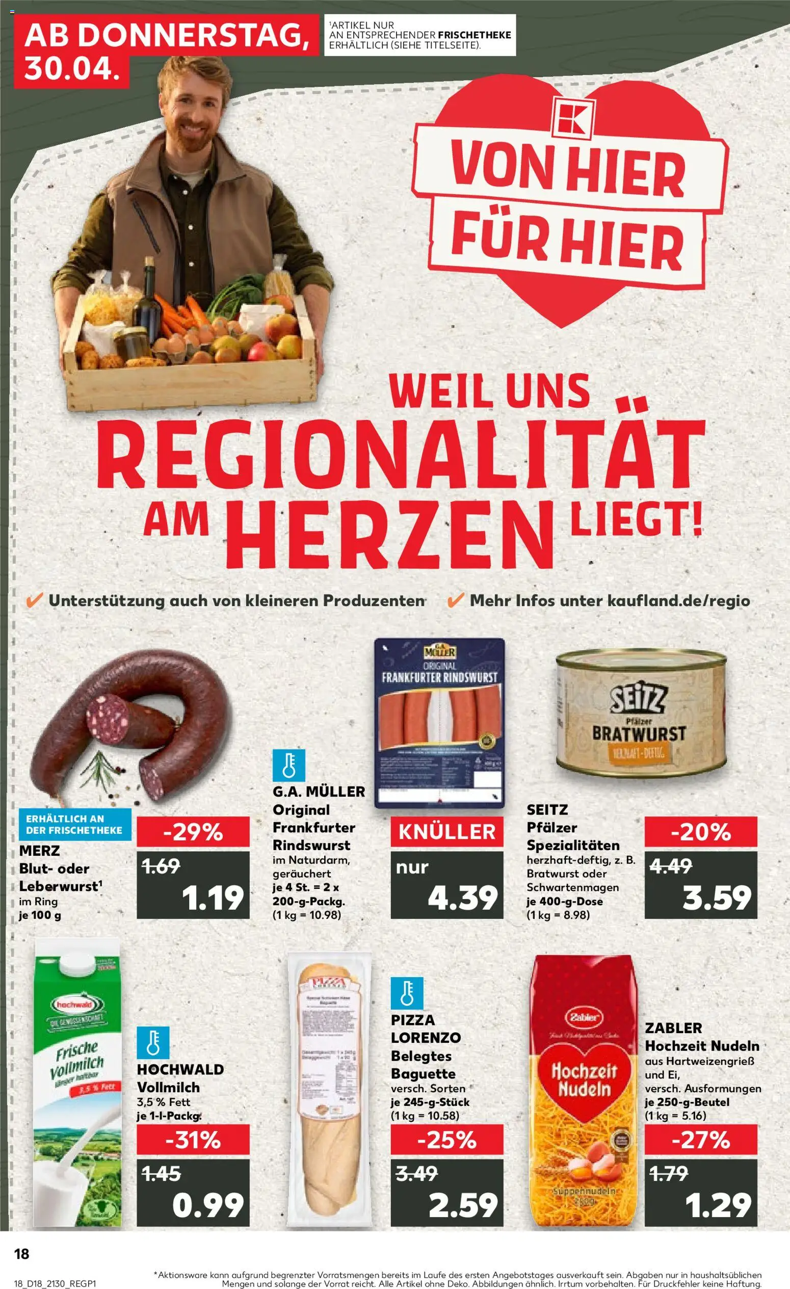 Kaufland Prospekt Speyer	 – gültig ab 30.04.2026 | Seite: 18 | Produkte: Bratwurst, Baguette, Pizza, Nudeln