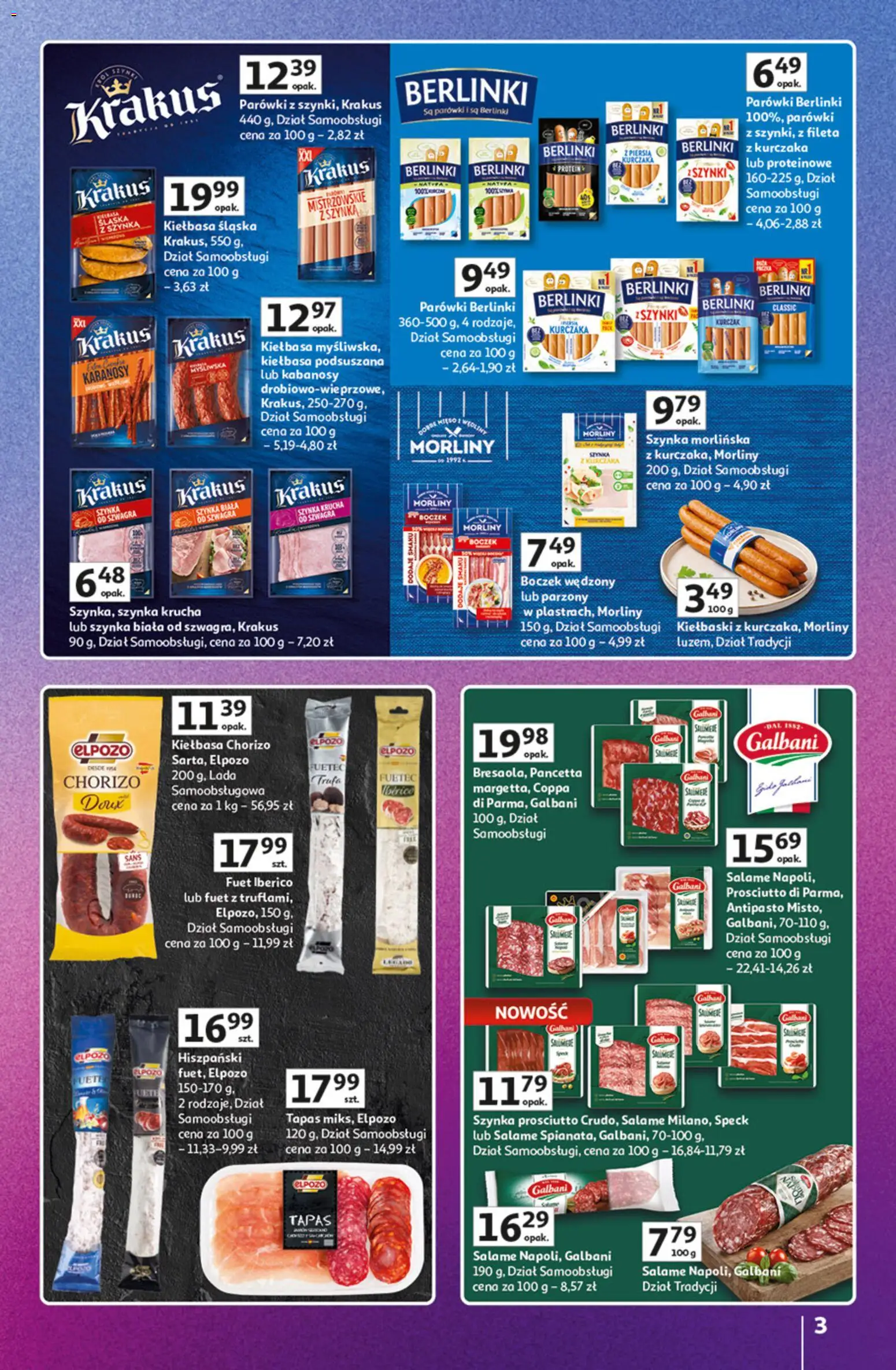 Auchan gazetka - Znane Marki Hipermarket od 23.04.2026 | Strona: 3 | Produkty: Kiełbasa, Szynka prosciutto, Szynka, Boczek wędzony