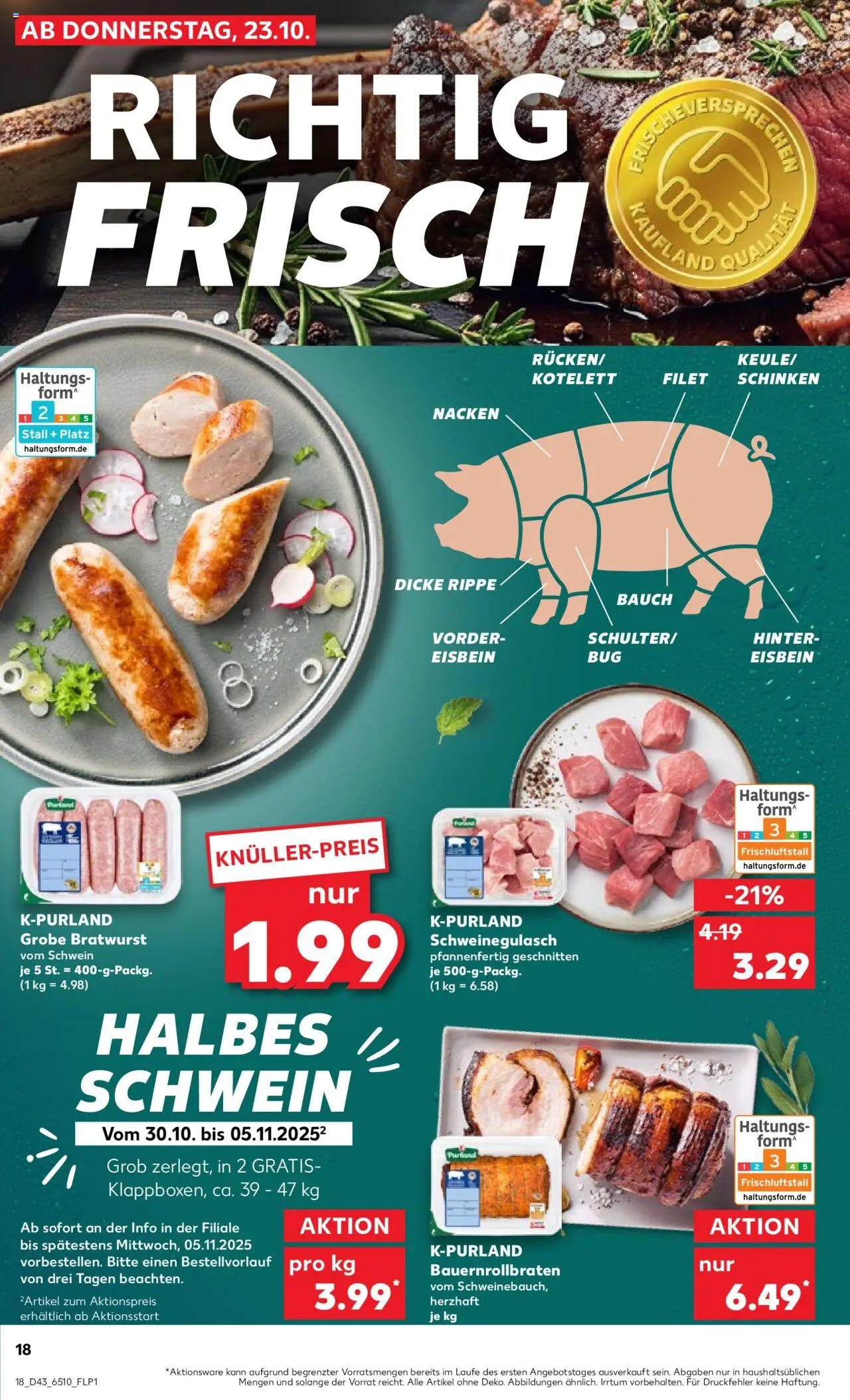 Kaufland prospekt Köln	 – gültig ab 23.10.2025 | Seite: 18 | Produkte: Schweinegulasch, Bratwurst, Schinken