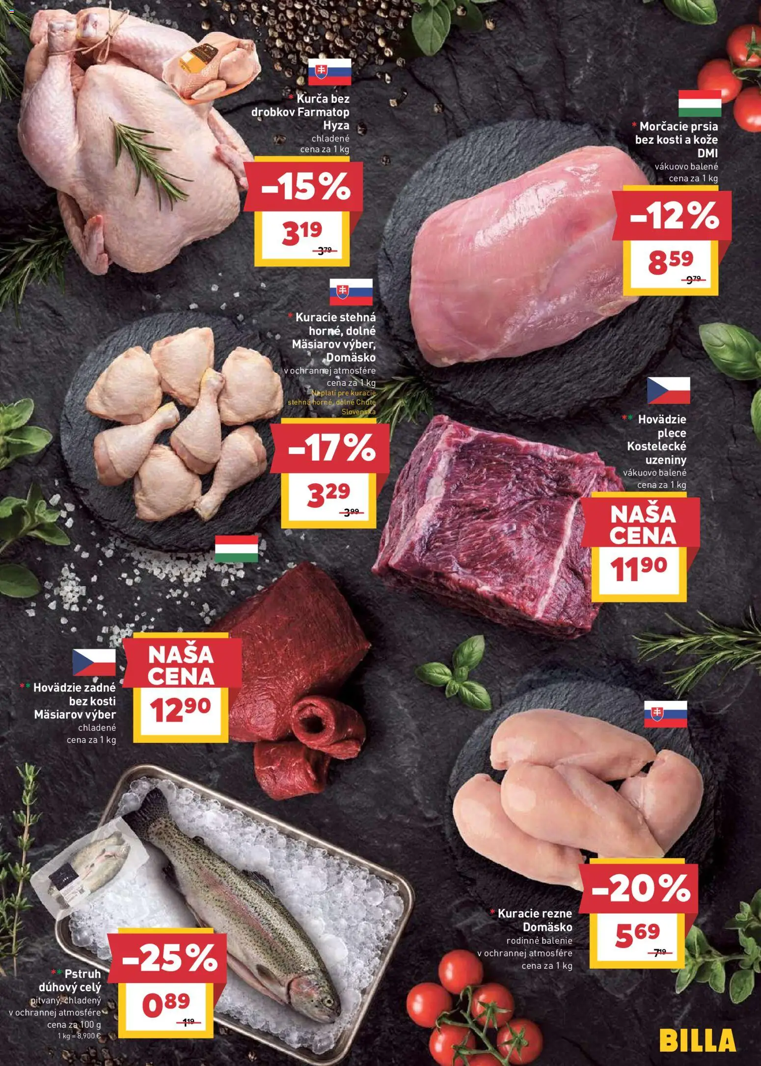 Nové Billa akcie – leták je platný od 15.04.2026 | Strana: 5 | Produkty: Pstruh, Kuracie rezne, Kuracie stehná, Kurča