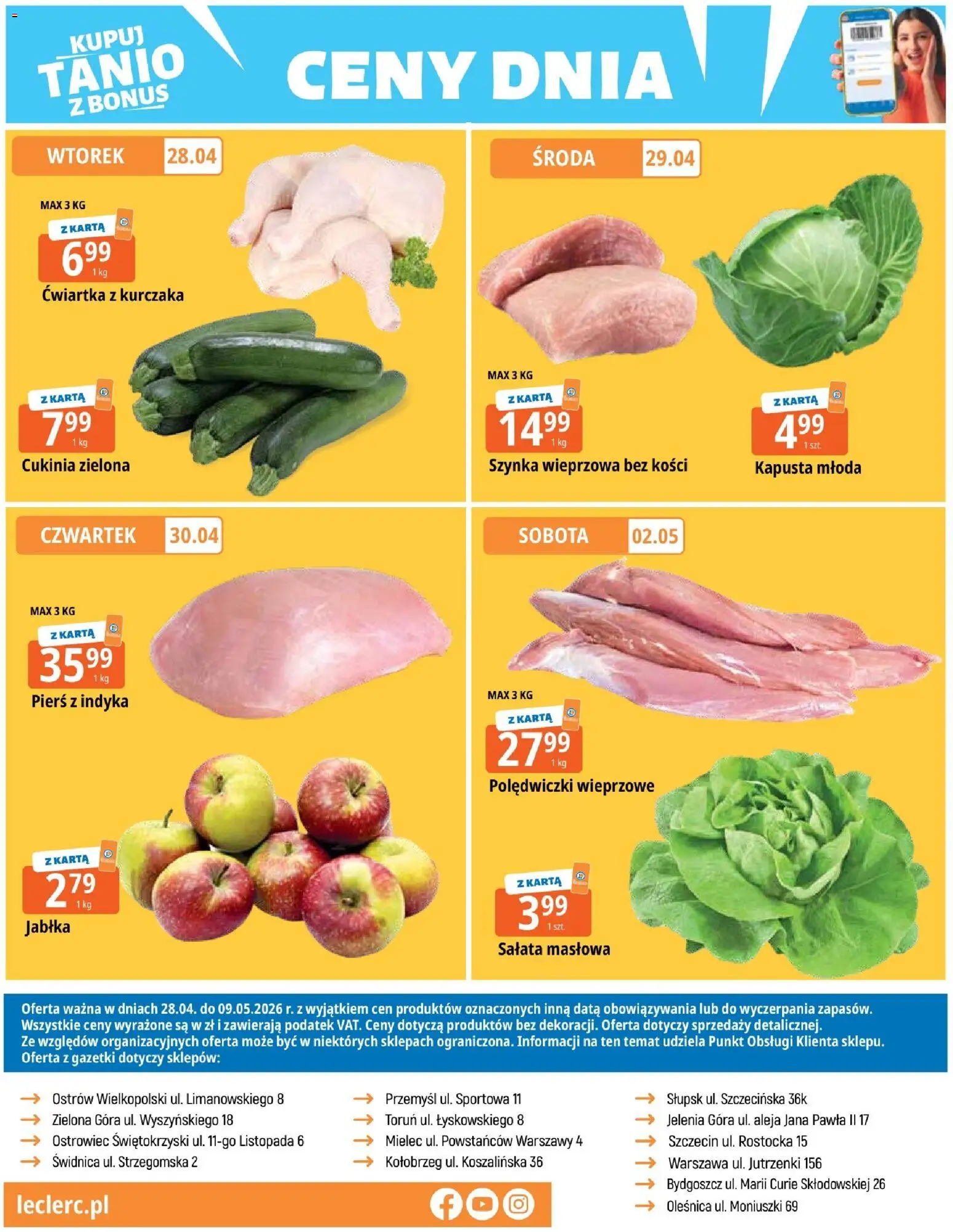 E.Leclerc gazetka - Zielona Góra od 28.04.2026 | Strona: 24 | Produkty: Karta, Cukinia, Polędwiczki wieprzowe, Ćwiartka z kurczaka