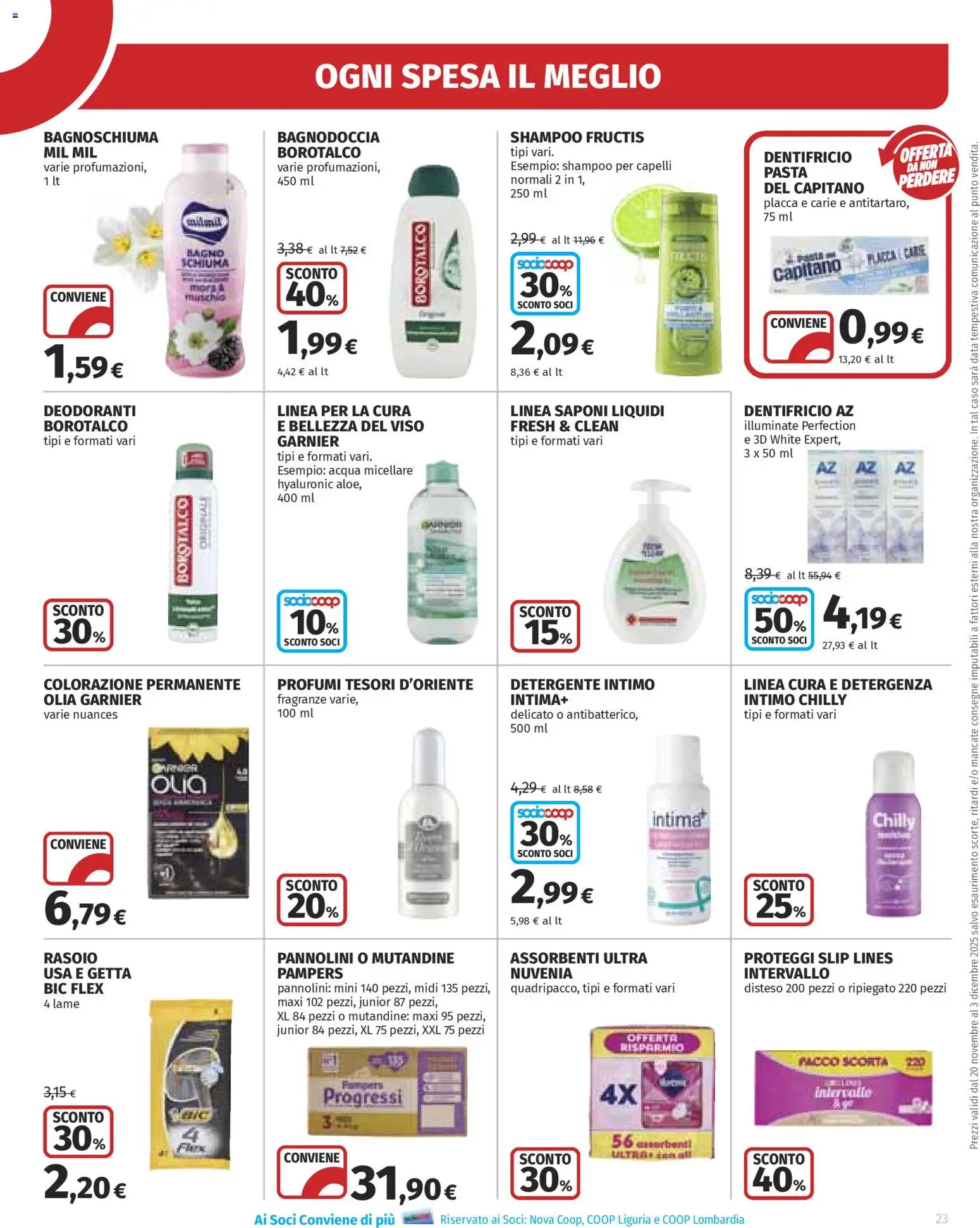Volantino Ipercoop del 20.11.2025 | Pagina: 23 | Prodotti: Shampoo, Pannolini, Rasoio, Data