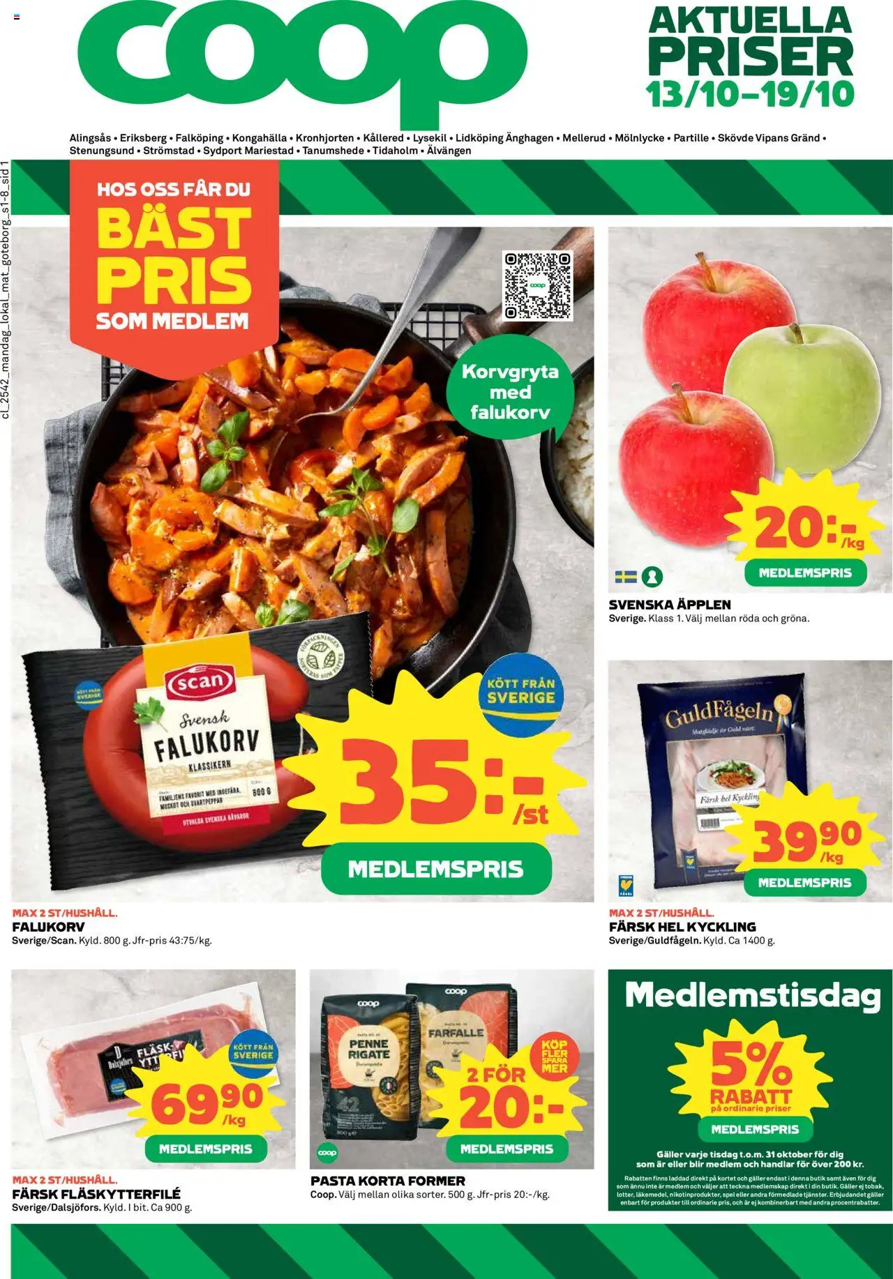 Stora Coop reklamblad aktuell från 13.10.2025 | Sida: 1 | Produkter: Falukorv, Fläskytterfilé, Äpplen, Spel