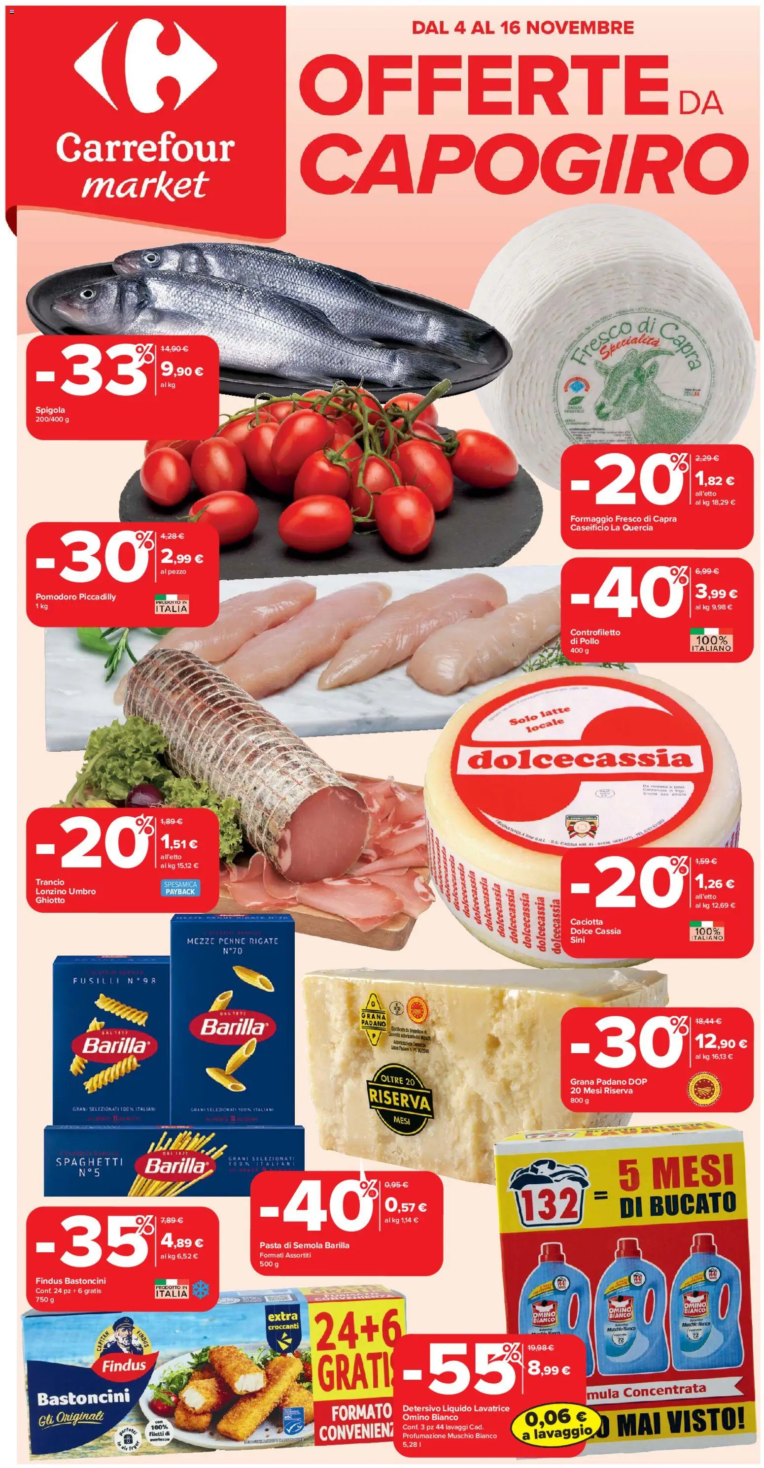 Volantino Carrefour del 04.11.2025 | Pagina: 1 | Prodotti: Formaggio, Fusilli, Spigola, Penne