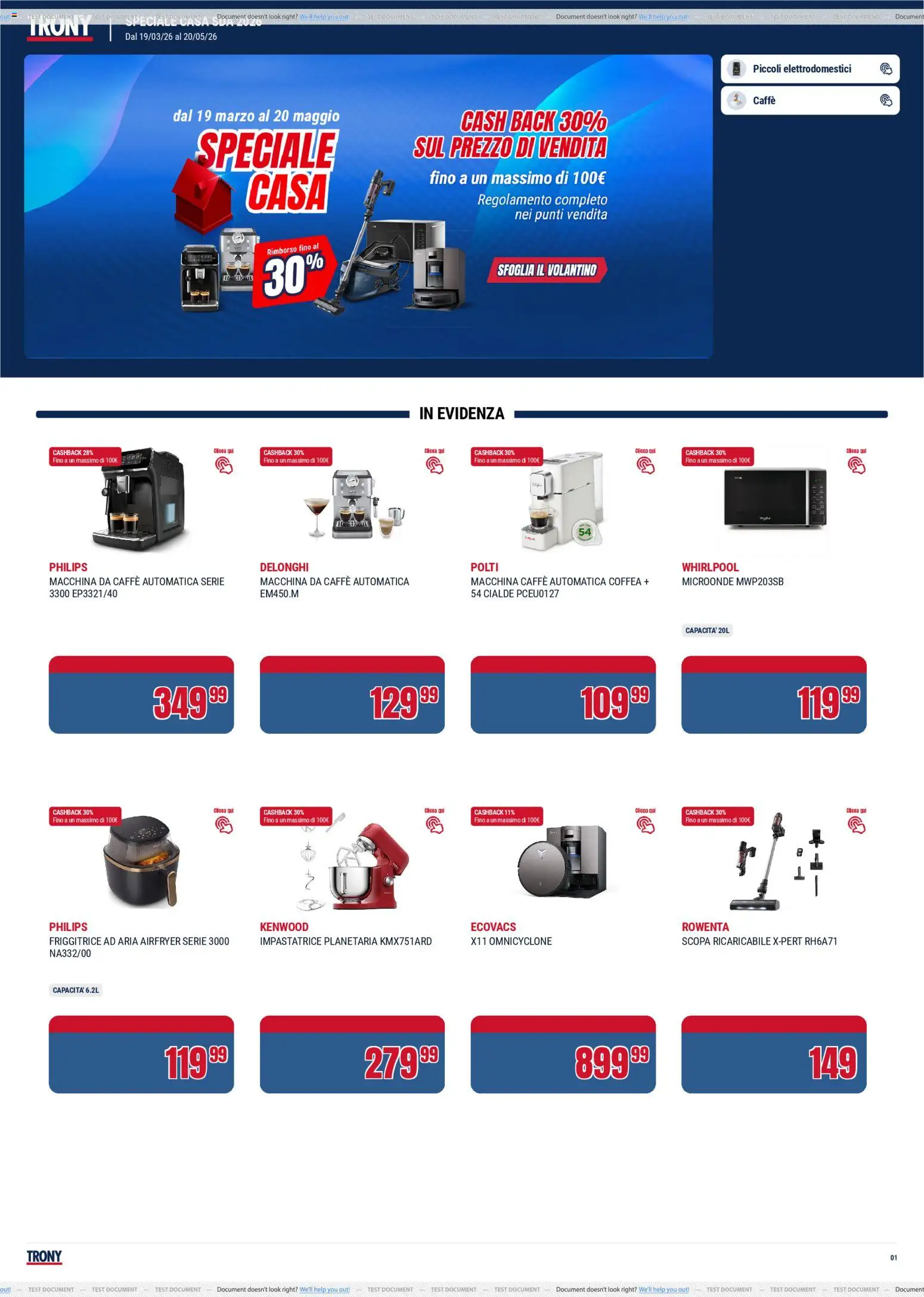 Volantino Trony del 19.03.2026 | Pagina: 1 | Prodotti: Friggitrice ad aria, Macchina da caffe, Scopa, Friggitrice