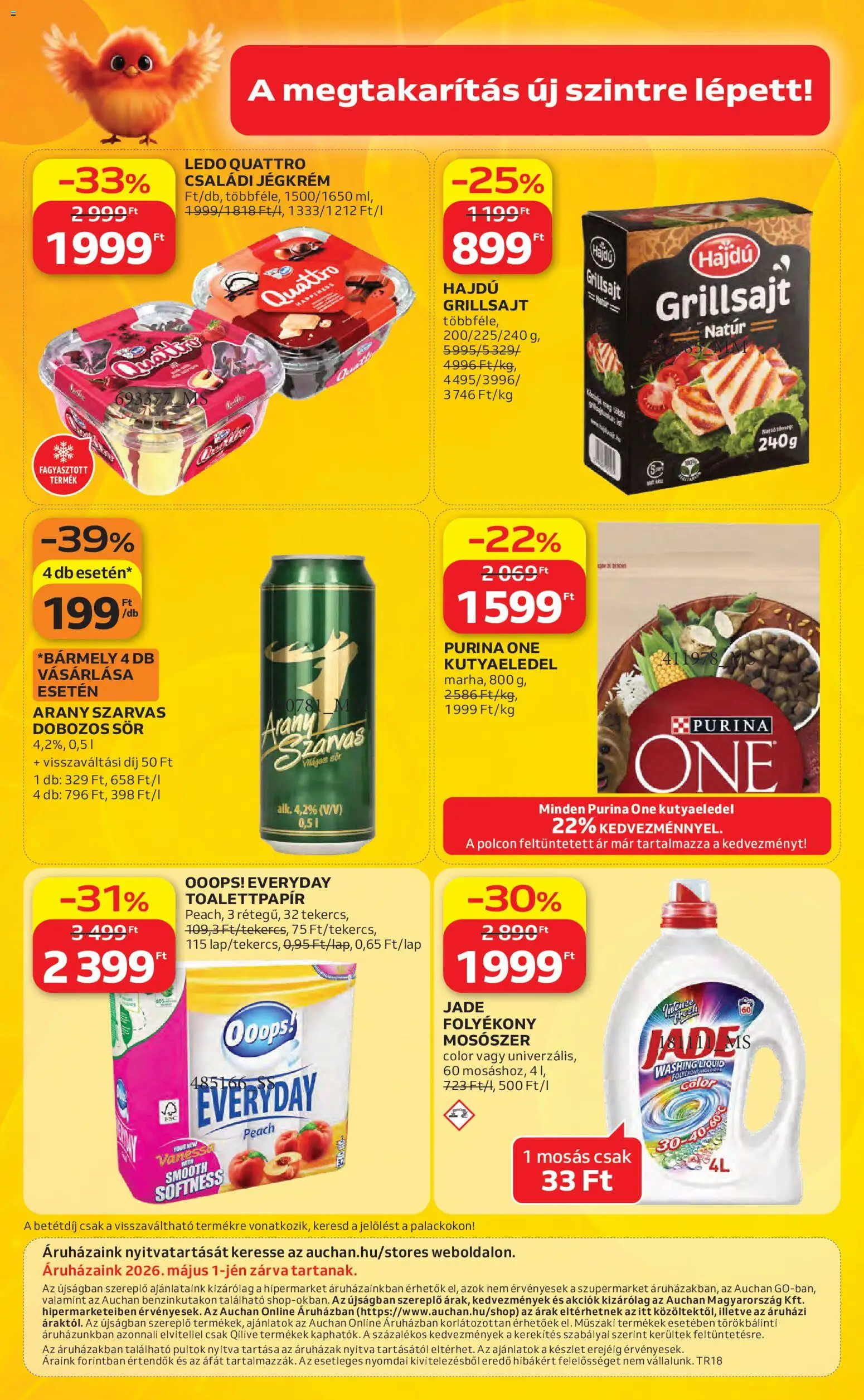 Auchan akciós ujság - amely érvényes a következő dátumtól: 30.04.2026 | Oldal: 60 | Termékek: Purina one, Folyékony mosószer, Dobozos sör, Jégkrém