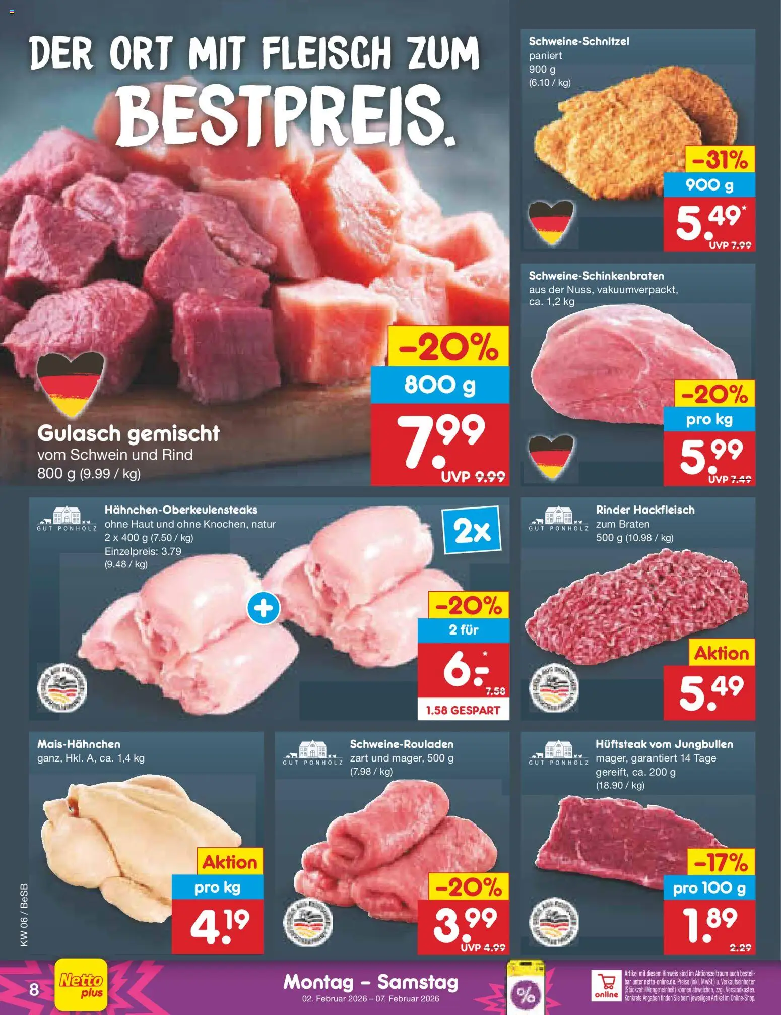 Netto Marken-Discount Prospekt 	 – gültig ab 02.02.2026 | Seite: 8 | Produkte: Gulasch, Fleisch, Hackfleisch