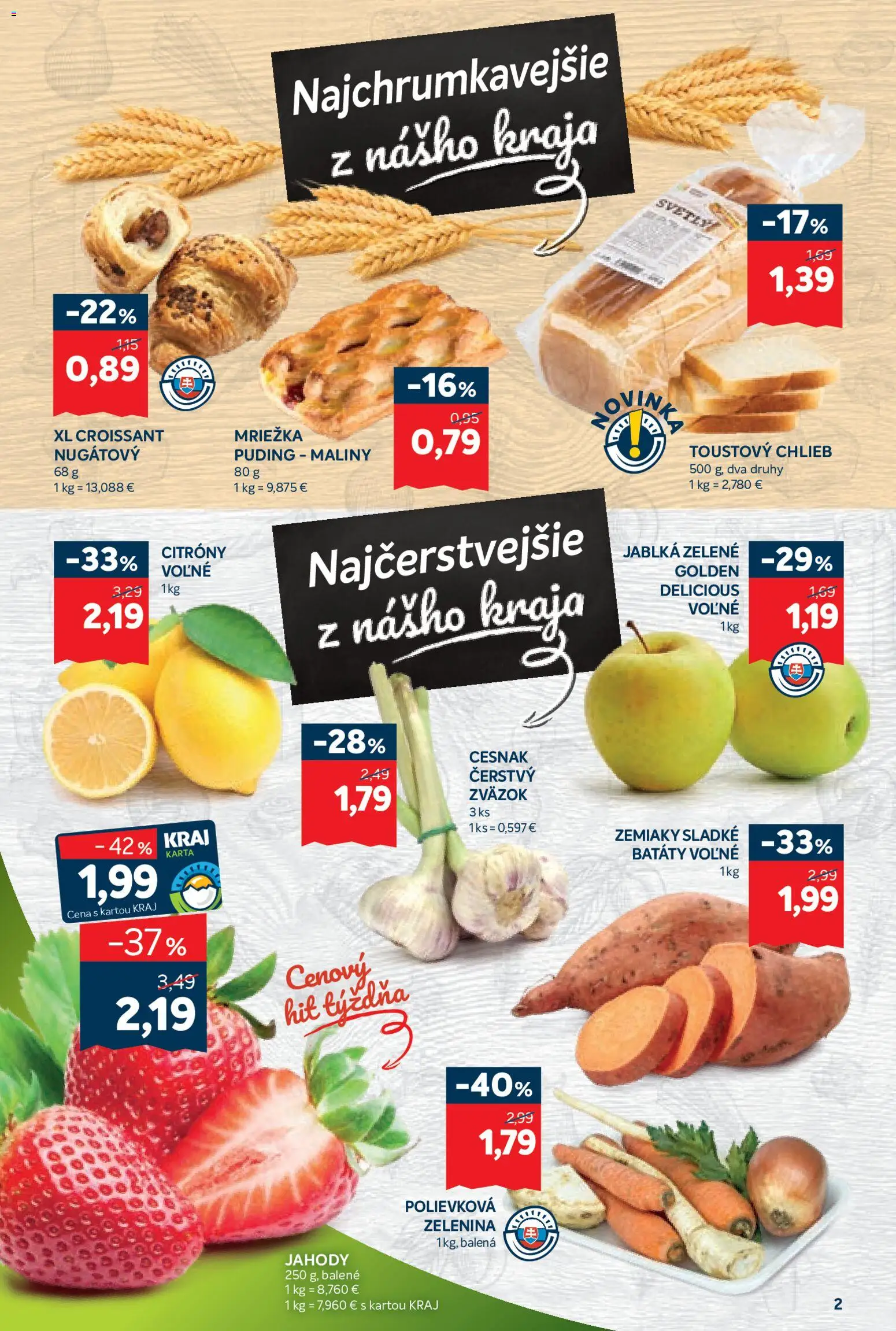 Nové Kraj akcie – leták je platný od 09.04.2026 | Strana: 2 | Produkty: Jablká, Toustový chlieb, Puding, Cesnak
