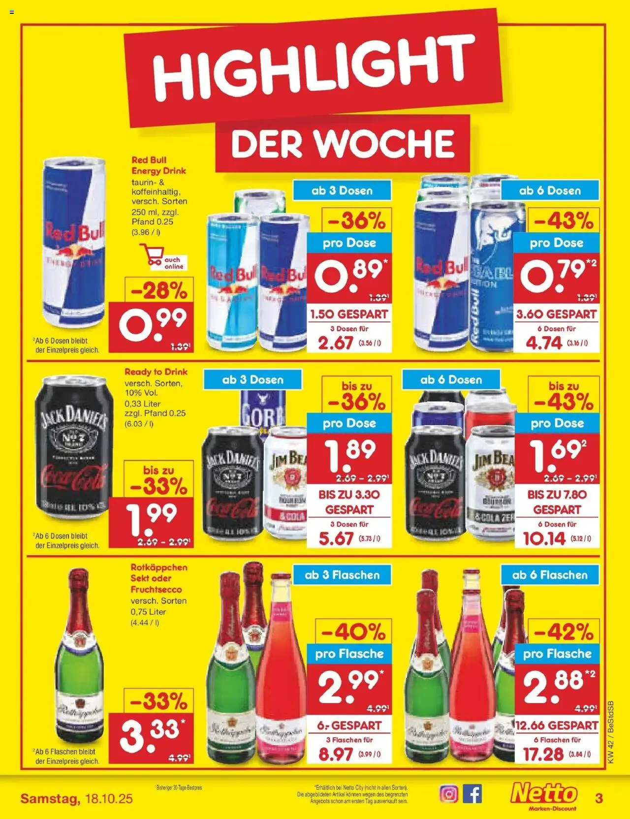 Netto Marken-Discount Prospekt 	 – gültig ab 13.10.2025 | Seite: 3 | Produkte: Red bull, Energy, Sekt, Jack Daniel's