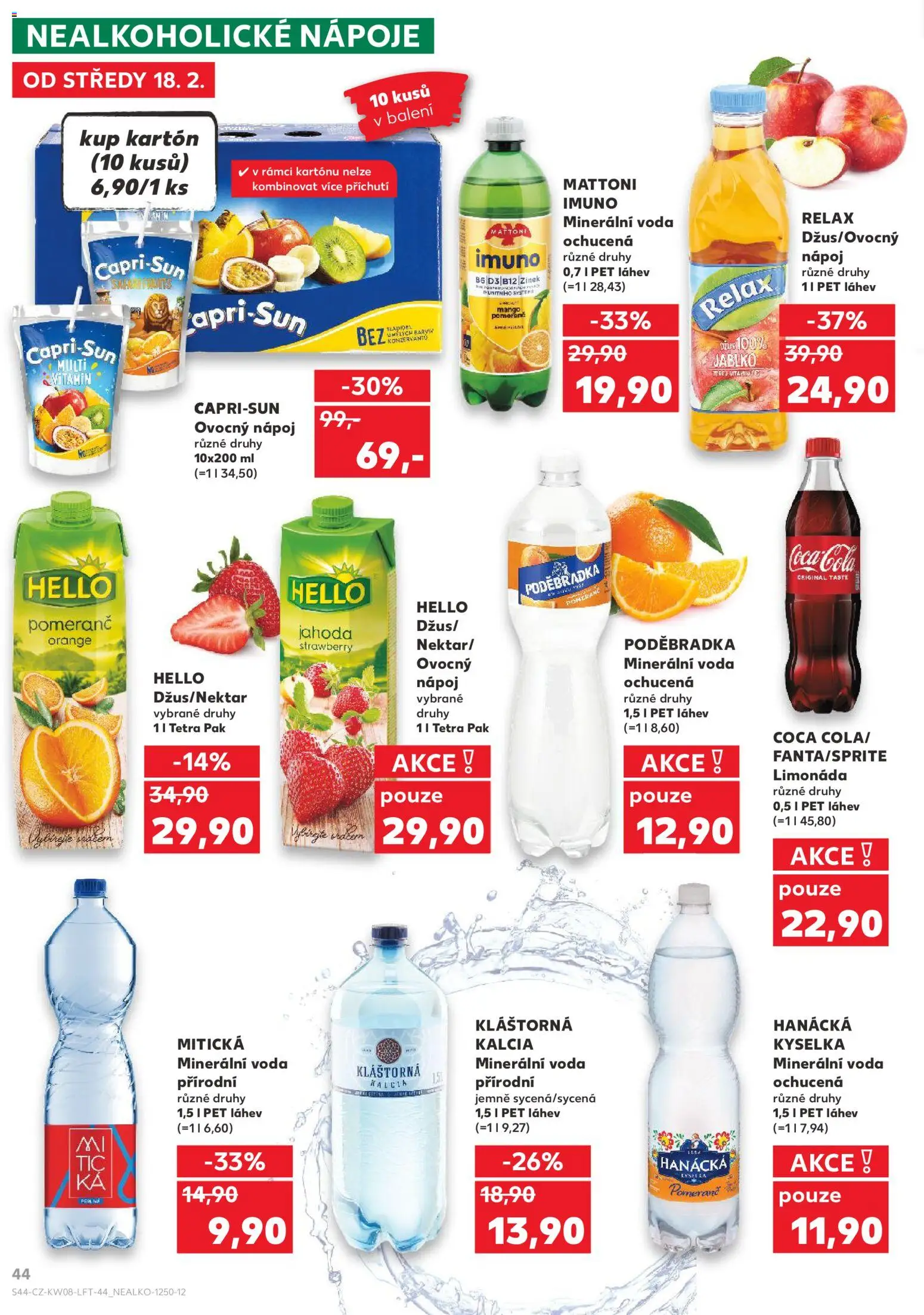 Kaufland leták od 18.02.2026 | Strana: 44 | Produkty: Mattoni, Limonáda, Kláštorná kalcia, Minerální voda