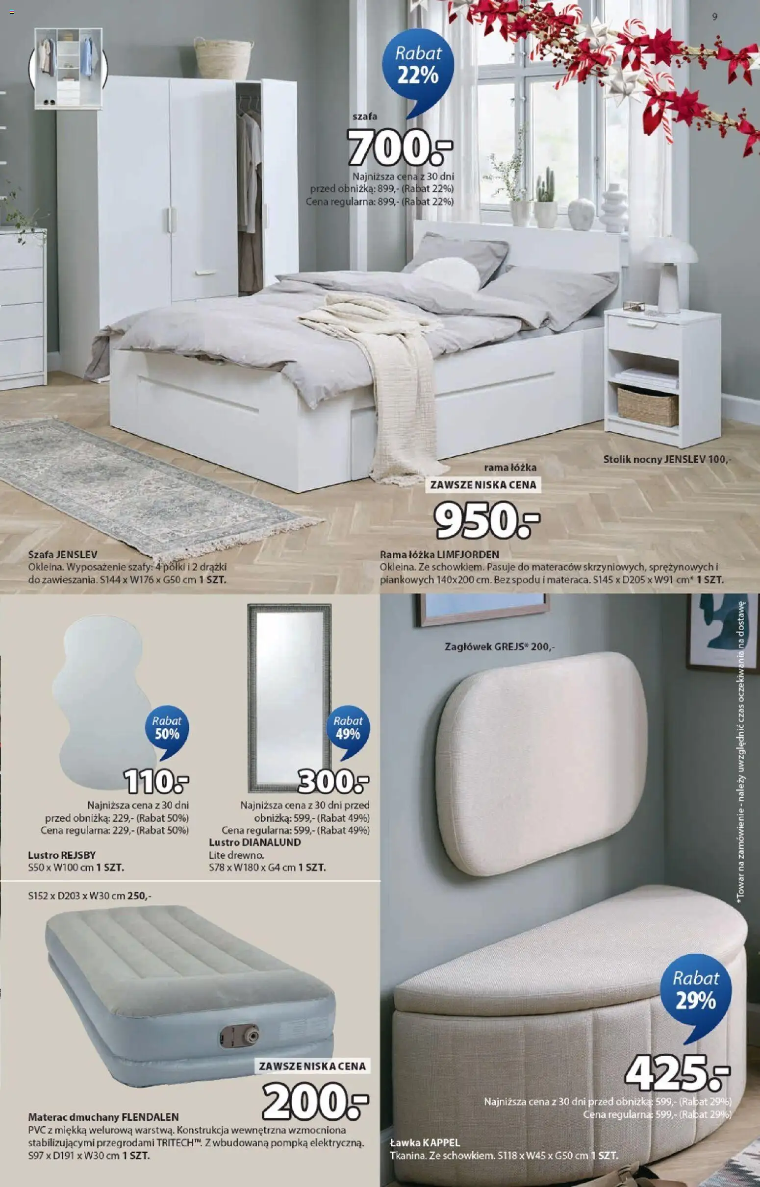 JYSK Gazetka od 10.12.2025 | Strona: 9 | Produkty: Materac, Szafa, Stolik nocny, Lustro