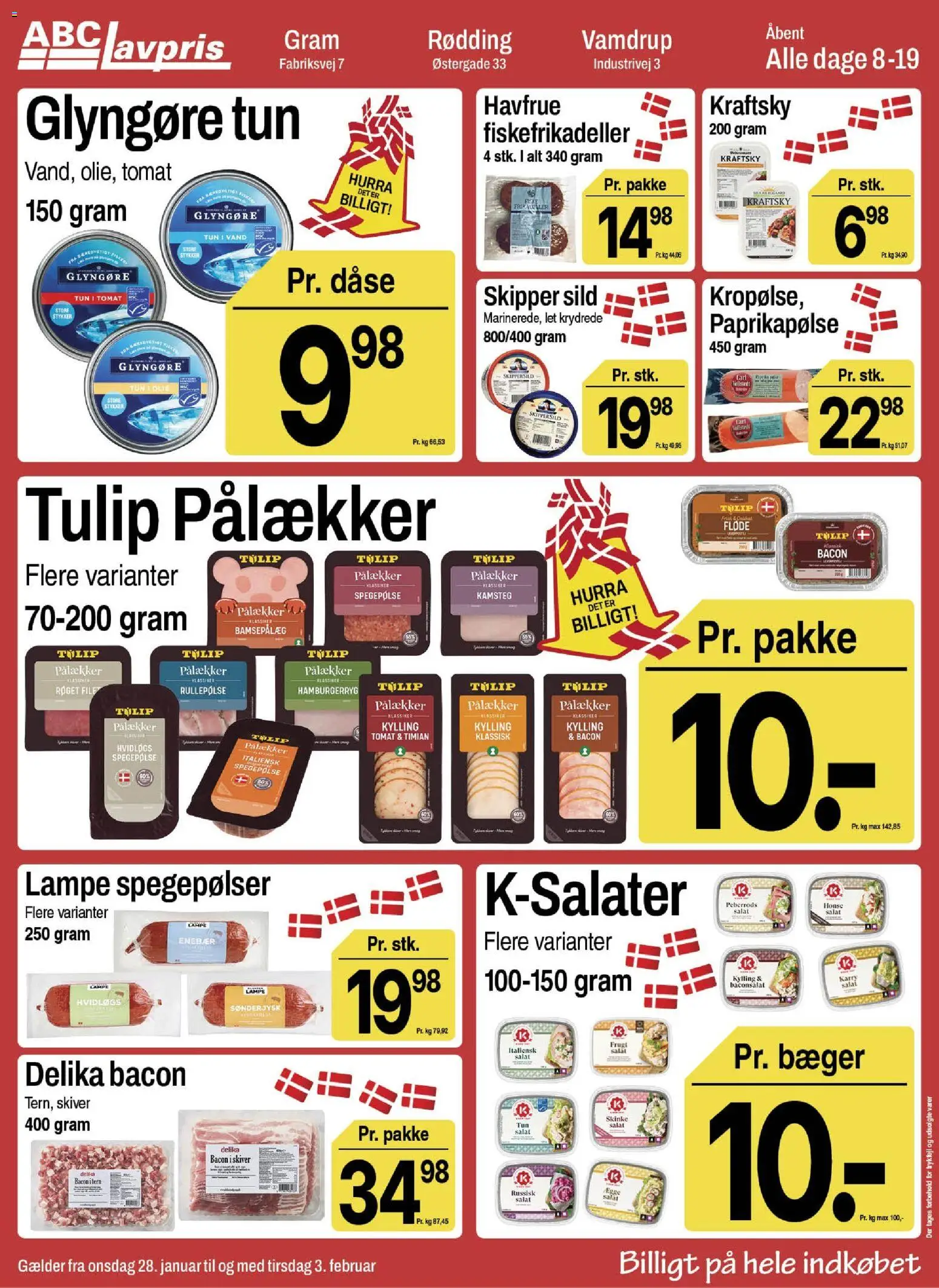 Abc Lavpris tilbudsavis – gyldig fra 28.01.2026 | Side: 8 | Produkter: Rullepølse, Lampe, Hamburgerryg, Russisk salat