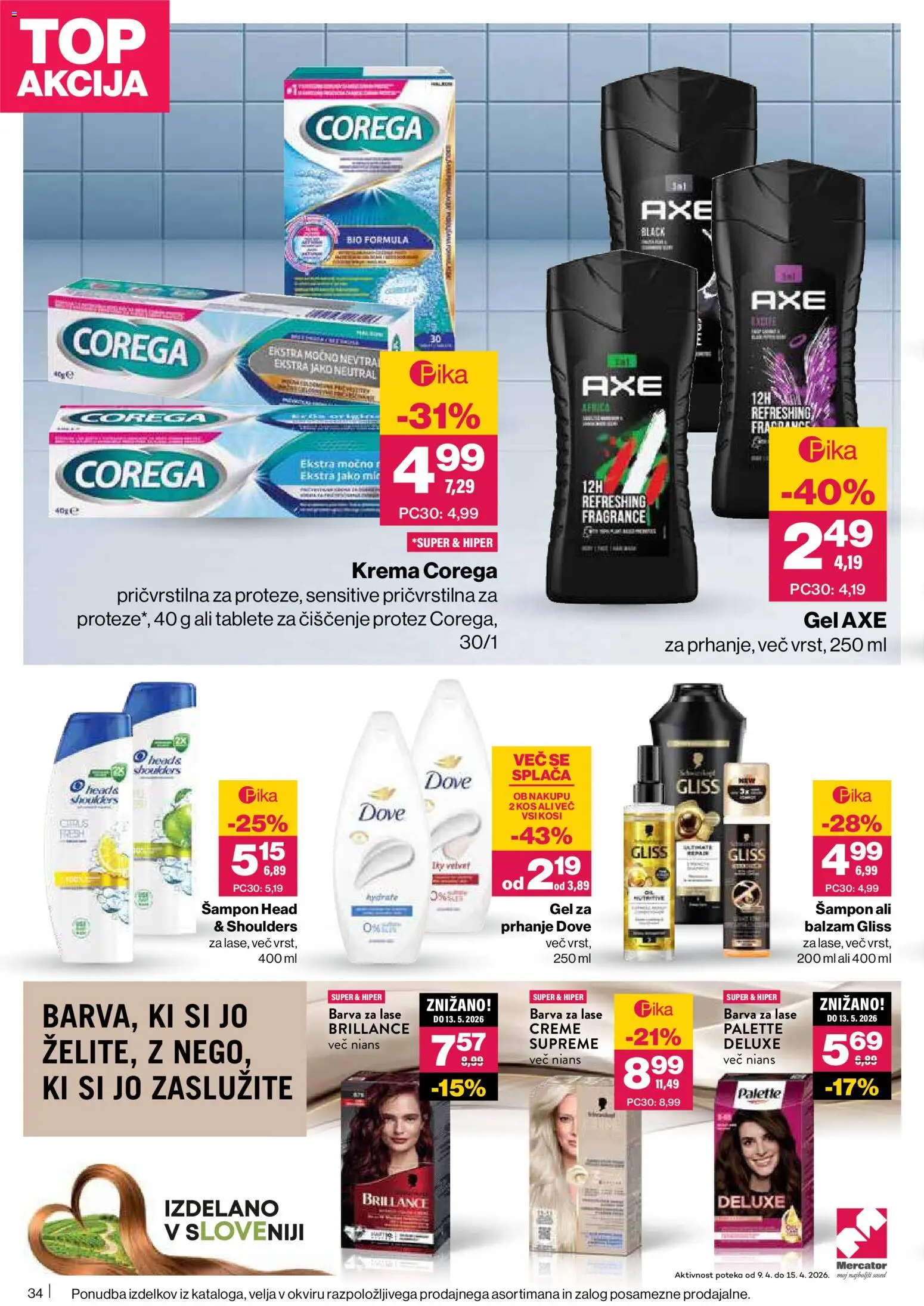 Novi Mercator katalog ponudbe – veljaven od 09.04.2026 | Stran: 34 | Izdelki: Gel za prhanje, Sampon, Barva za lase, Barva