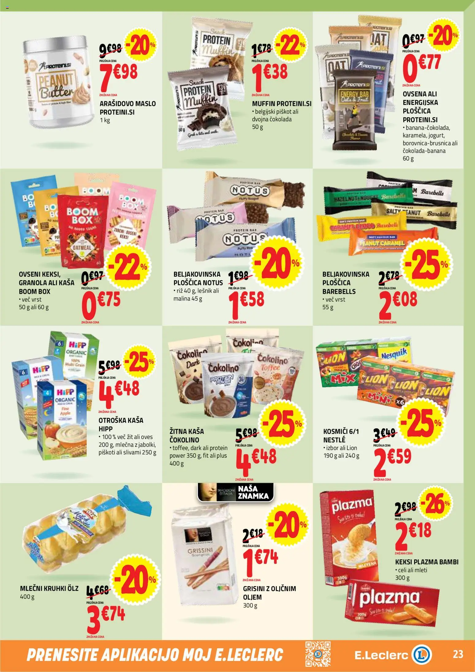Novi E.leclerc katalog ponudbe – veljaven od 29.04.2026 | Stran: 23 | Izdelki: Čokolino, Maslo, Cokolada, Piskoti