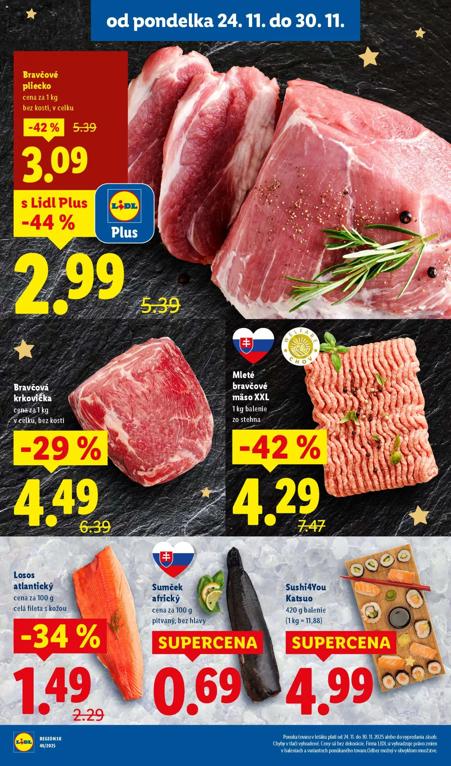Nové Lidl akcie – leták je platný od 24.11.2025 | Strana: 11 | Produkty: Bravčová krkovička, Losos, Krkovička, Bravčové mäso
