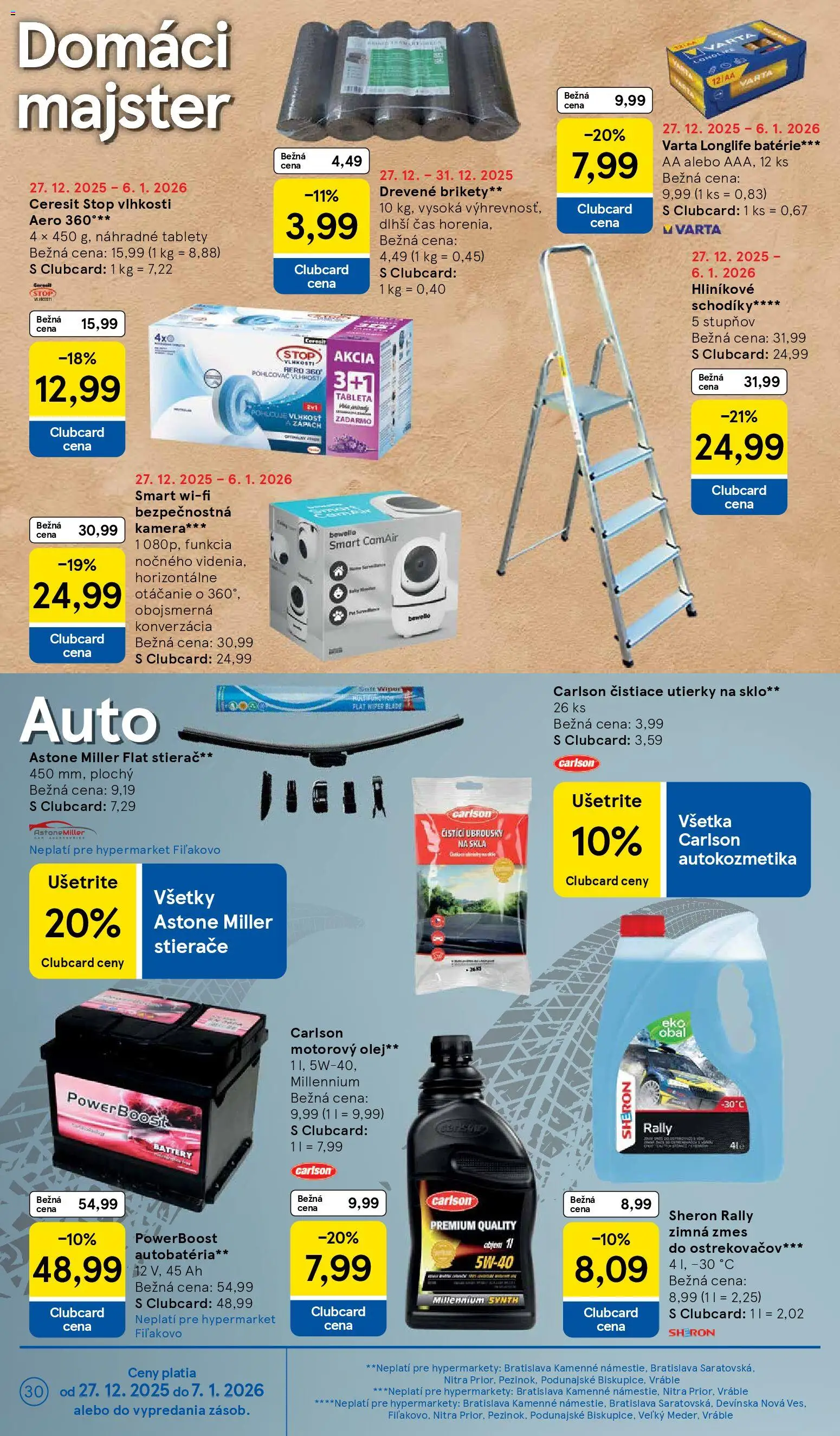 Nové Tesco akcie – leták je platný od 27.12.2025 | Strana: 30 | Produkty: Pohlcovač vlhkosti, Autobatéria, Ceresit, Brikety
