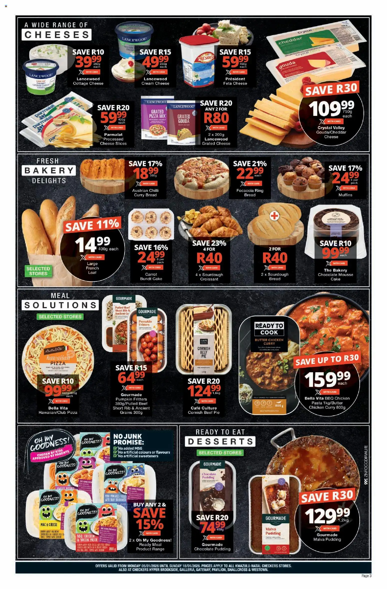 New Checkers catalogue – valid from 05.01.2026 | Page: 3 | Products: Cheese, Chicken, Beef, Máscara de pestañas