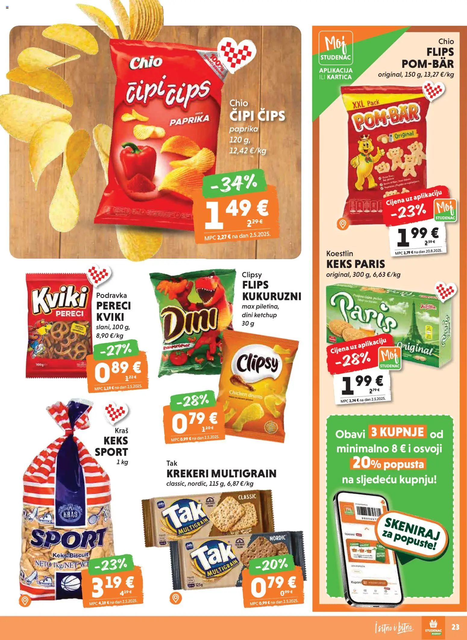 Studenac katalog | vrijedi od 15.04.2026 | Stranica: 23 | Proizvodi: Podravka, Čips, Keks, Pereci
