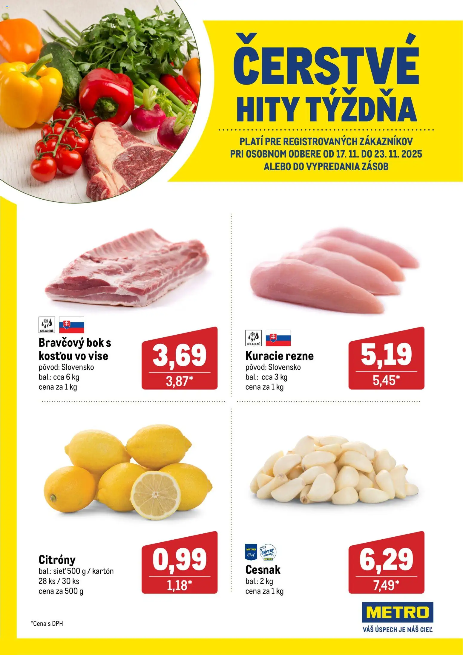 Nové Metro akcie – leták je platný od 17.11.2025 | Strana: 1 | Produkty: Kuracie rezne, Citróny, Cesnak