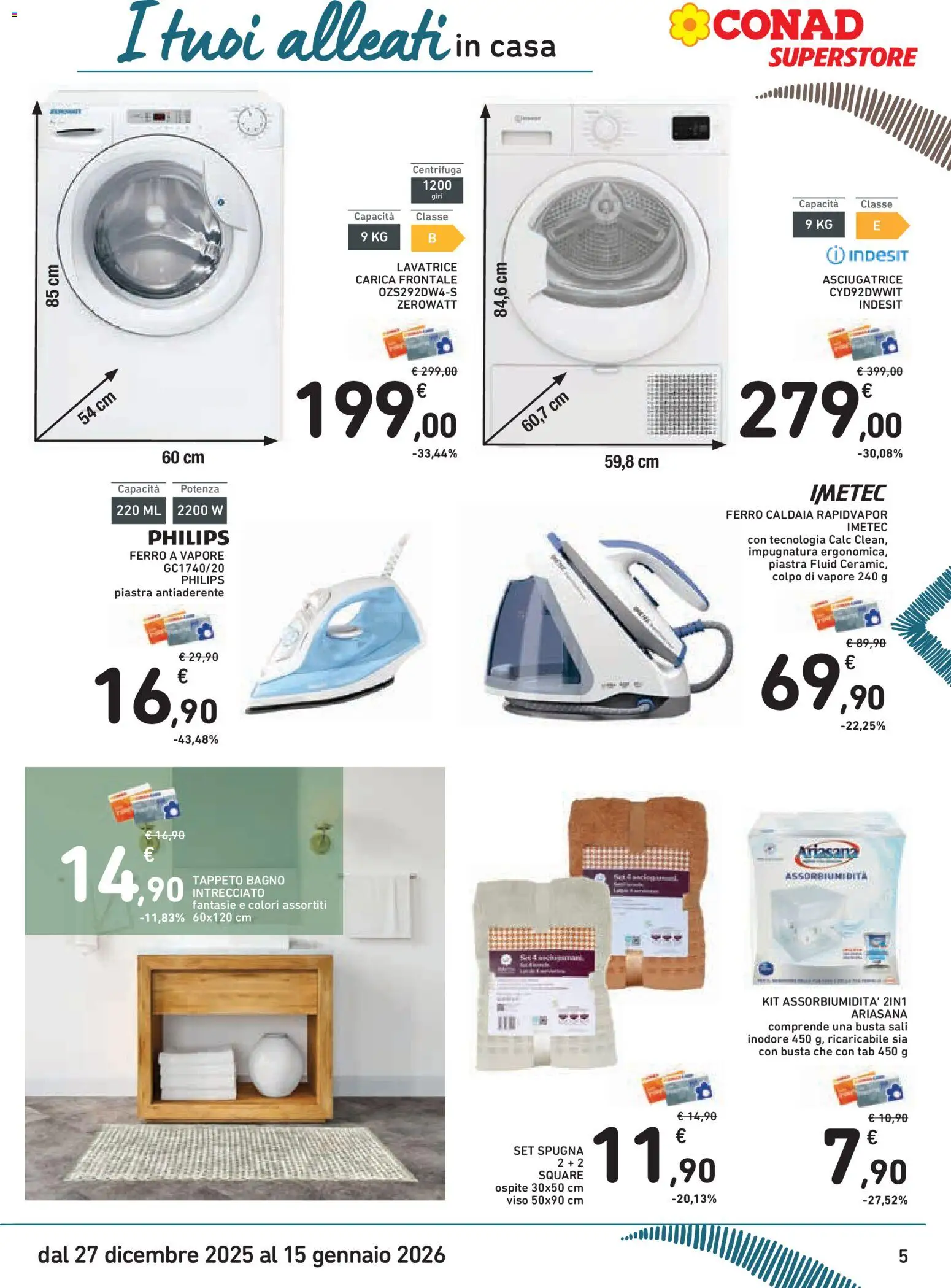 Volantino Conad del 27.12.2025 | Pagina: 5 | Prodotti: Spugna, Caldaia, Asciugatrice, Bagno