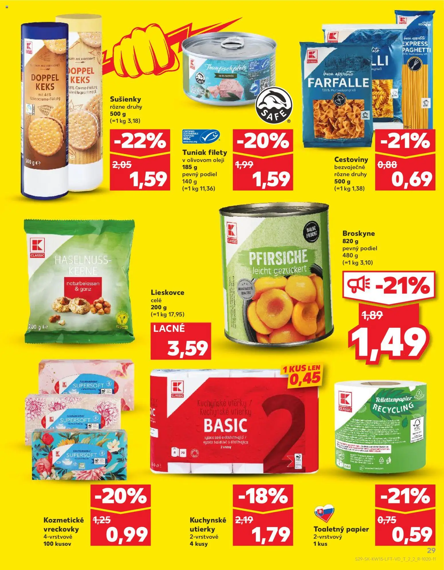 Nové Kaufland akcie – leták je platný od 09.04.2026 | Strana: 29 | Produkty: Tuniak, Cestoviny, Toaletný papier, Broskyne