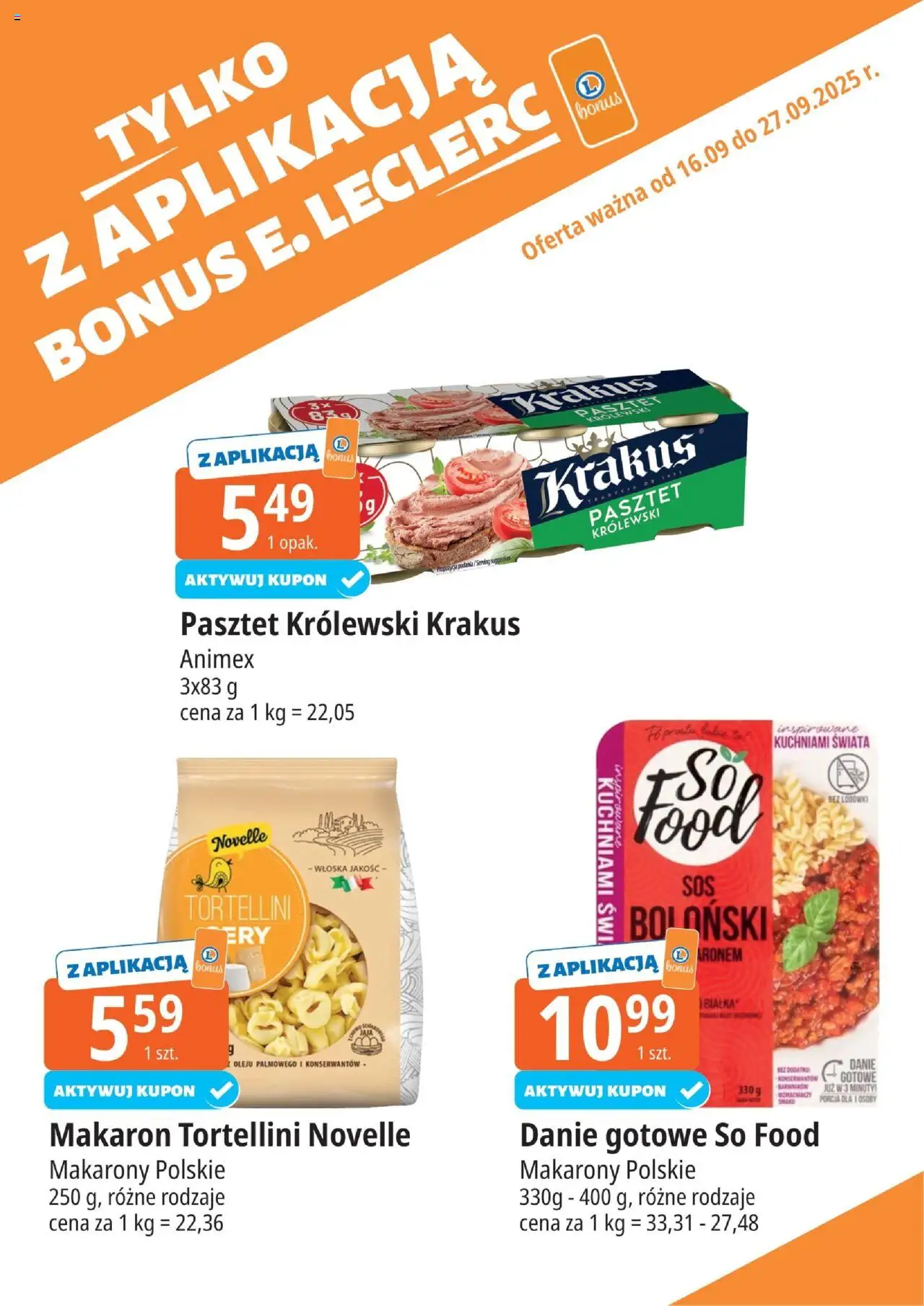 E.Leclerc Gazetka - Elbląg kupony dodatkowe od 16.09.2025 | Strona: 14 | Produkty: Tortellini, Makarony, Makaron, Jaja