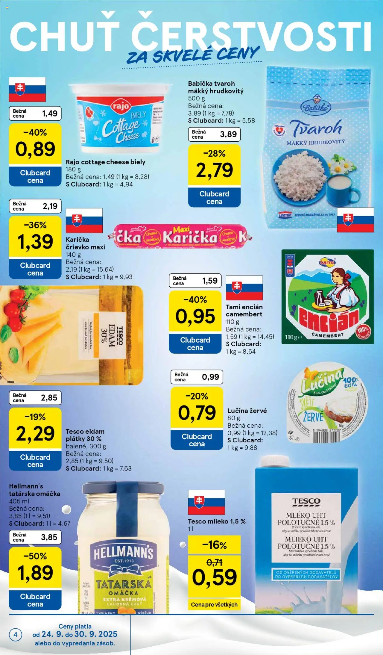 Nové Tesco akcie – leták je platný od 24.09.2025 | Strana: 4 | Produkty: Mlieko, Tvaroh, Tatárska omáčka, Raid