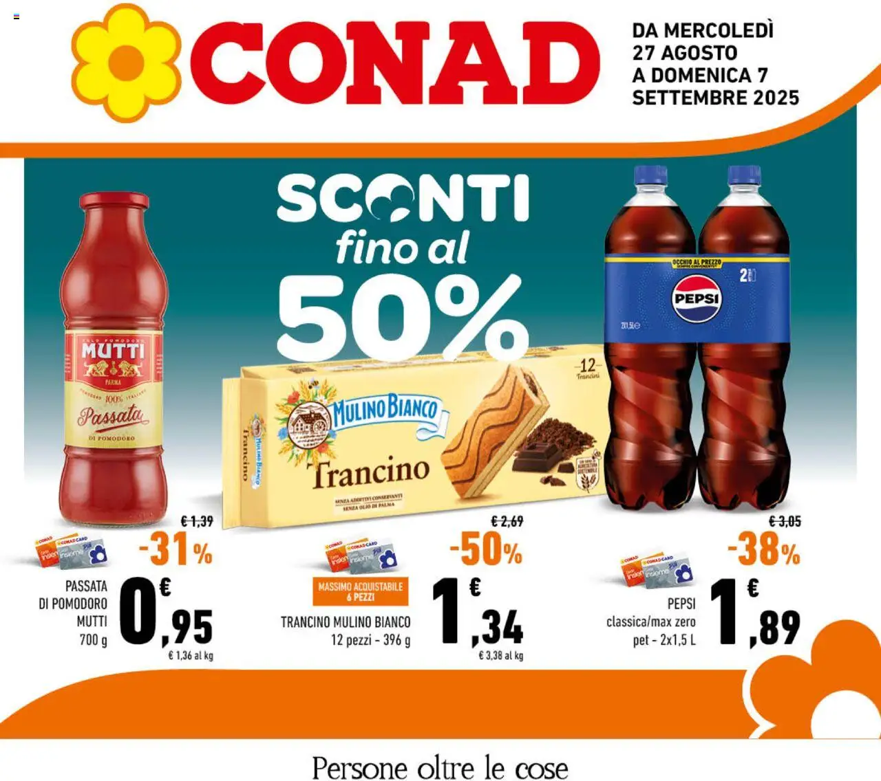 Volantino Conad del 27.08.2025 | Pagina: 1 | Prodotti: Olio, Passata di pomodoro, Mutti, Pepsi
