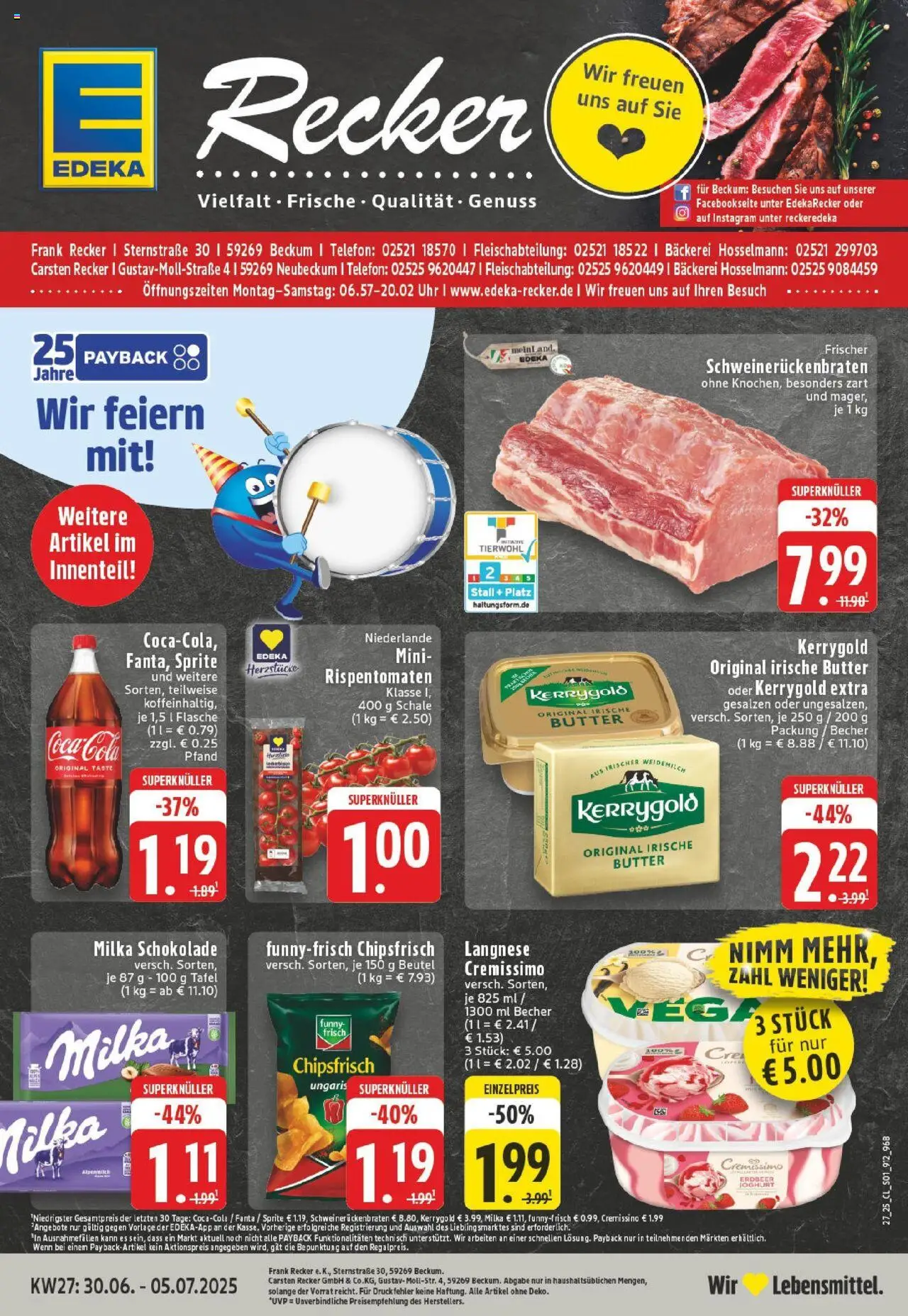 Edeka prospekt Beckum - Neubeckum	 - gültig ab dem 29.06.2025 | Seite: 1 | Produkte: Langnese cremissimo, Butter, Milka, Uhr