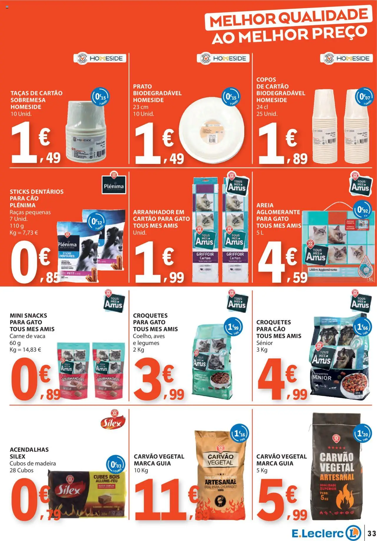 E.Leclerc folheto │ válido de 31.07.2025 | Página: 33 | Produtos: Copos, Taças, Carvão vegetal, Carne