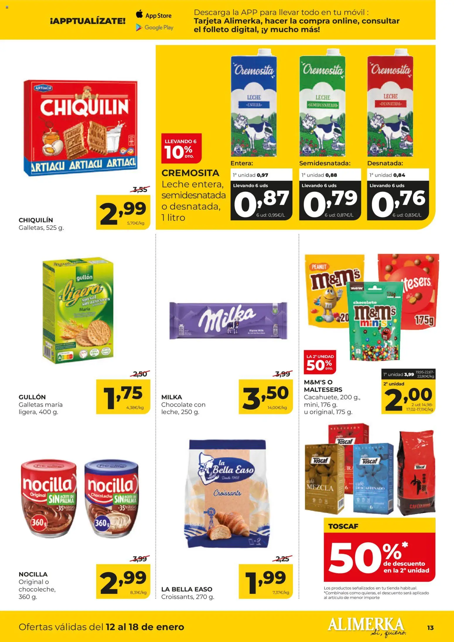Alimerka folleto Castilla y León │ válido desde el 12.01.2026 | Página: 13 | Productos: Leche entera, Café, Chocolate, Galletas