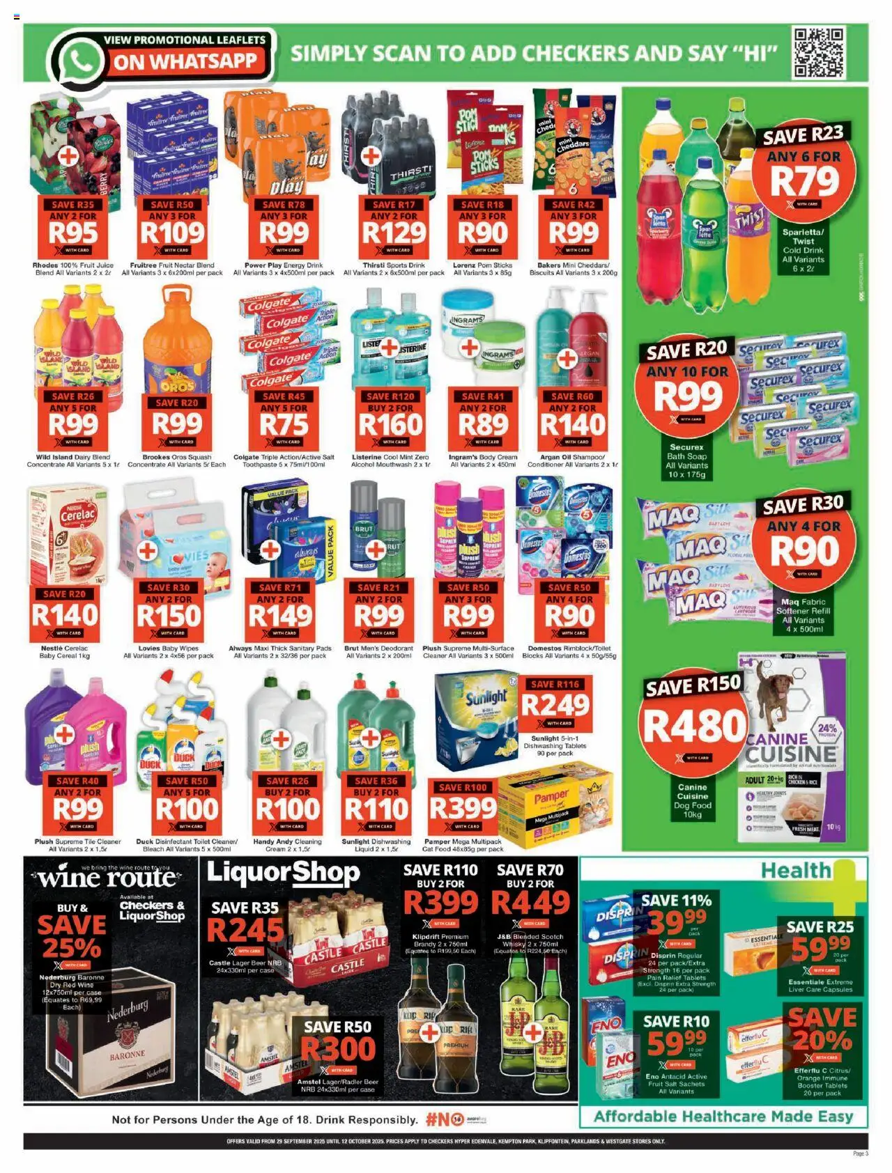 New Checkers catalogue – valid from 29.09.2025 | Page: 3 | Products: Detergente líquido, Pads, Beer, Conditioner