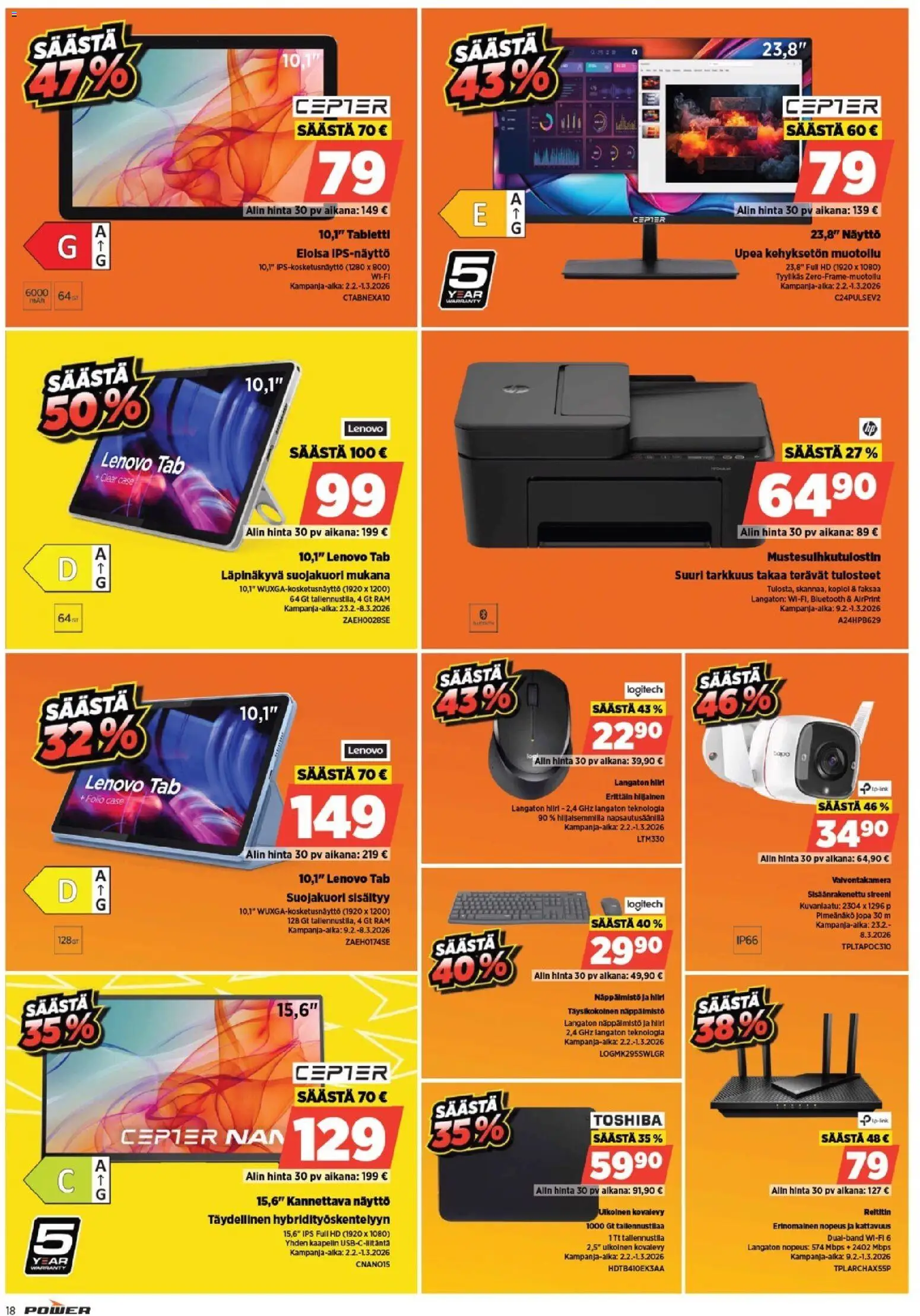 Power - POWER HINTAAN Viikon mainoslehti – voimassa 21.03.2026 alkaen | Sivu: 18 | Tuotteet: Valvontakamera, Reititin, Näyttö, Hiiri