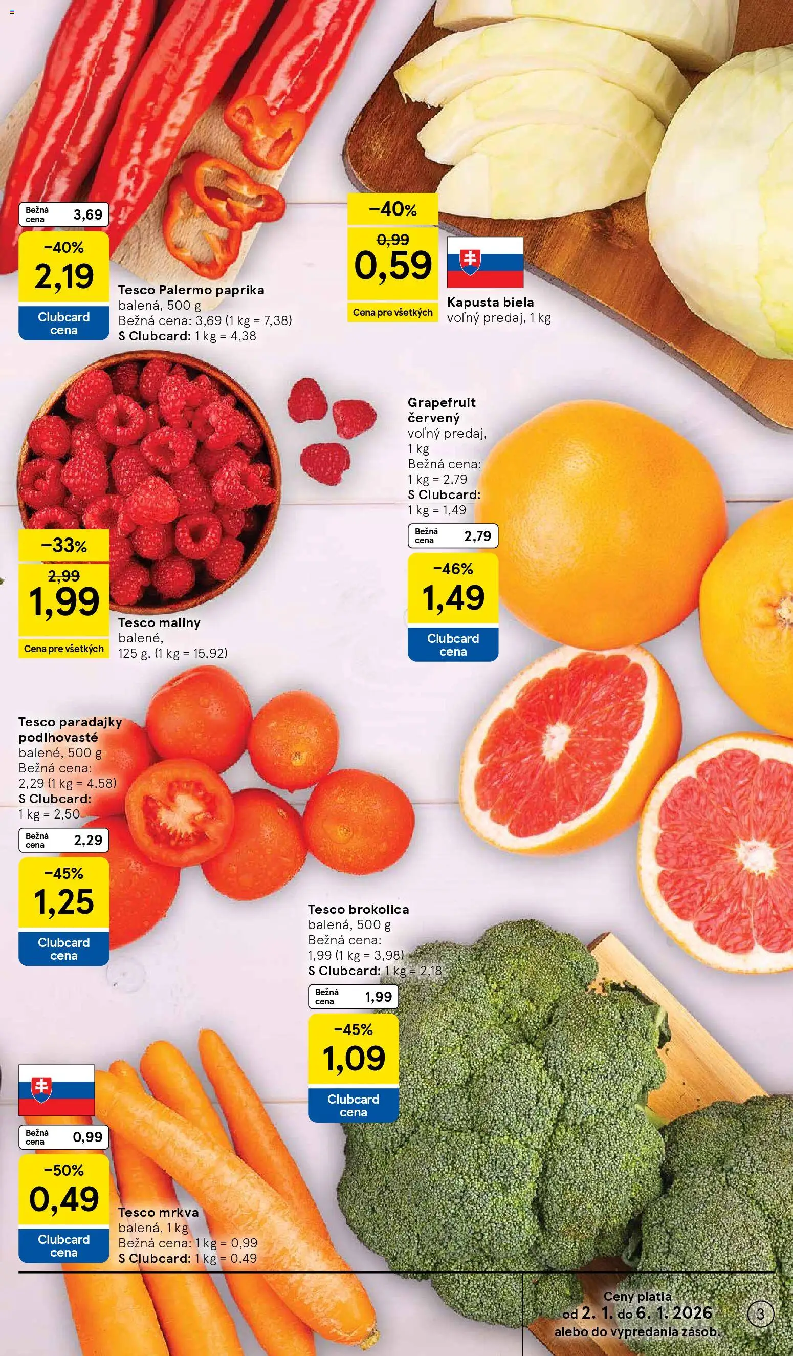 Nové Tesco akcie – leták je platný od 02.01.2026 | Strana: 3 | Produkty: Kapusta biela, Brokolica, Mrkva, Grapefruit