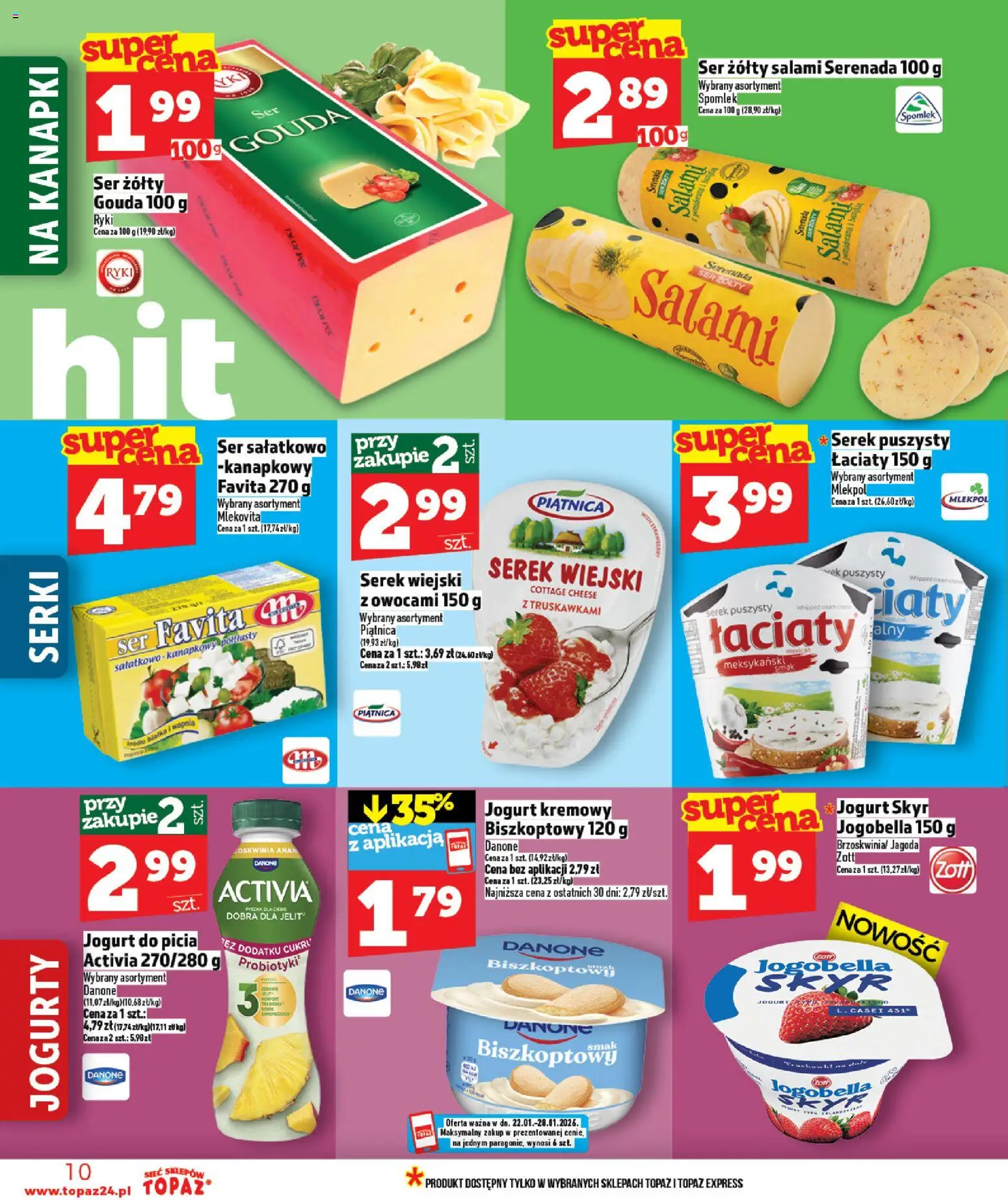 Topaz Gazetka od 22.01.2026 | Strona: 10 | Produkty: Ser żółty, Ser favita, Salami, Skyr