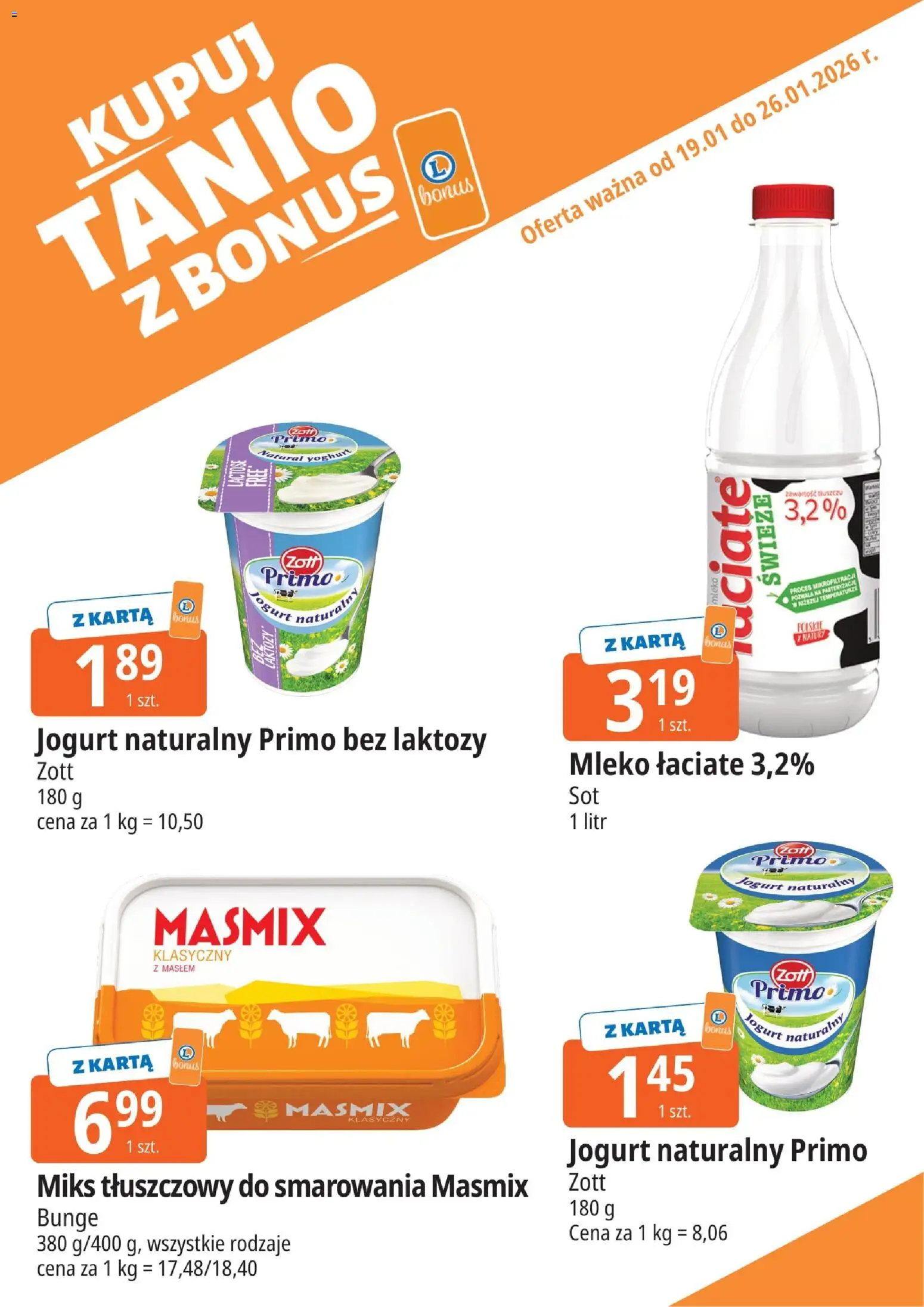 E.Leclerc Gazetka - Tychy kupony dodatkowe od 19.01.2026 | Strona: 1 | Produkty: Karta, Jogurt naturalny, Mleko, Jogurt