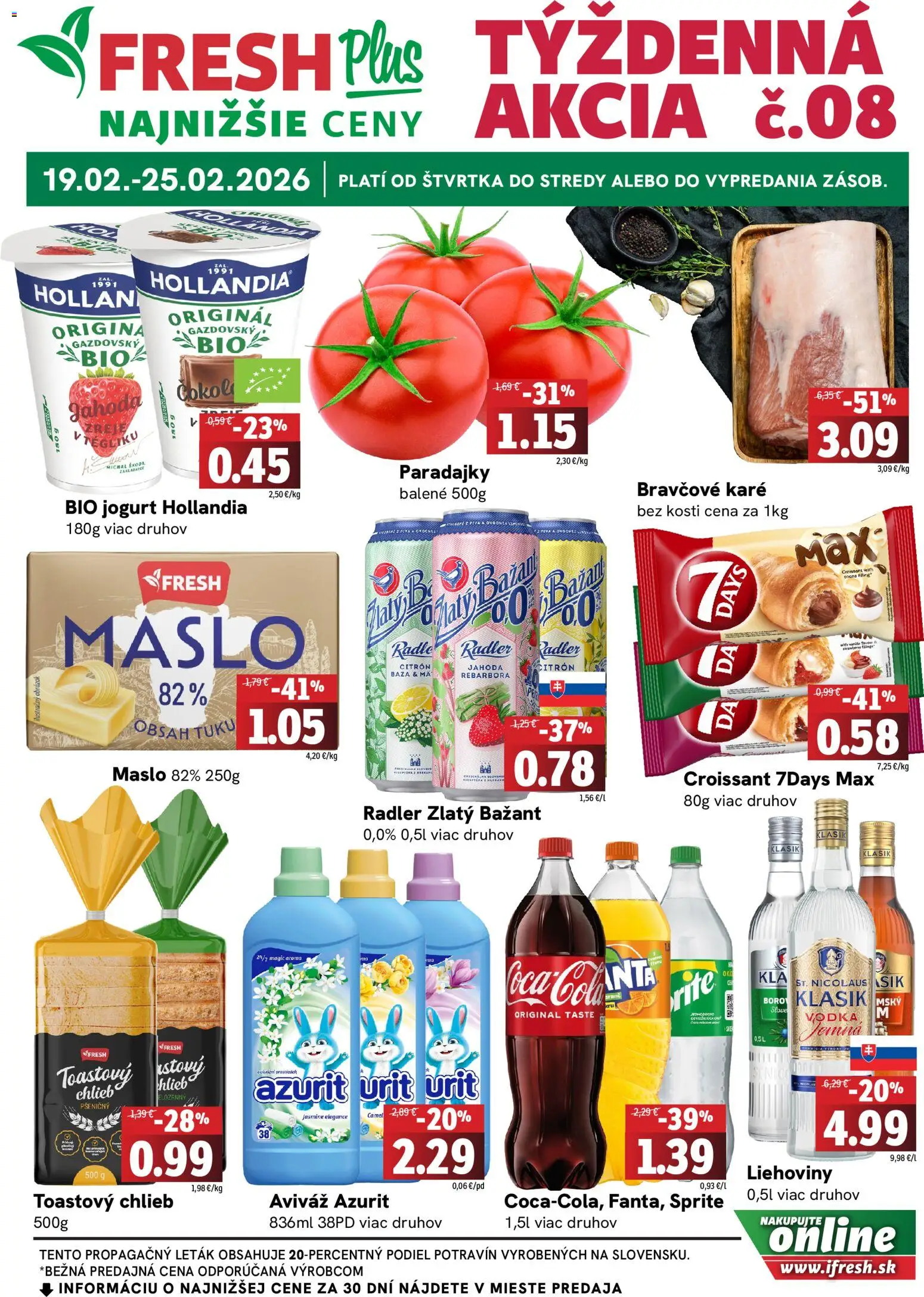 Nové Fresh akcie – leták je platný od 19.02.2026 | Strana: 1 | Produkty: Jogurt, Aviváž, Sprite, Vodka