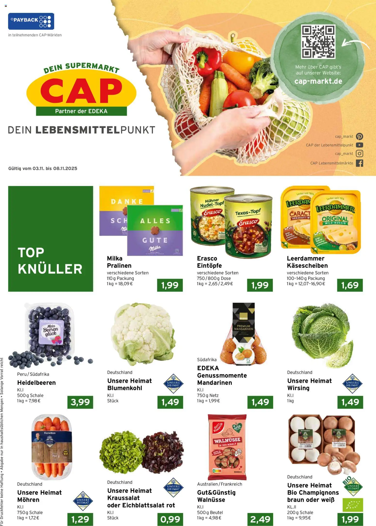 CAP Markt Prospekt – gültig ab 03.11.2025 | Seite: 1 | Produkte: Walnüsse, Milka, Leerdammer, Mohren