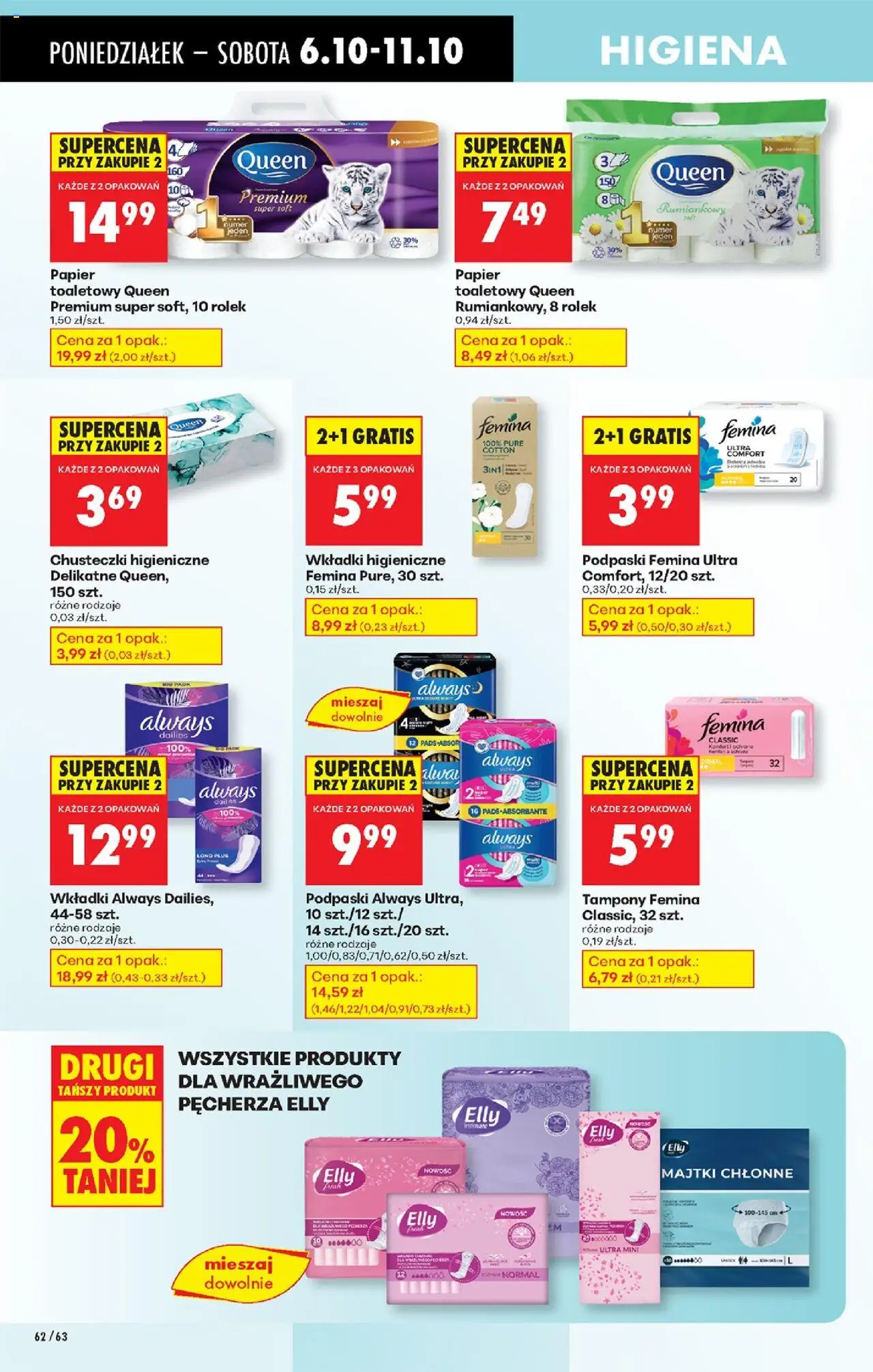 Biedronka gazetka od 06.10.2025 | Strona: 76 | Produkty: Papier toaletowy queen, Majtki, Podpaski always, Podpaski femina