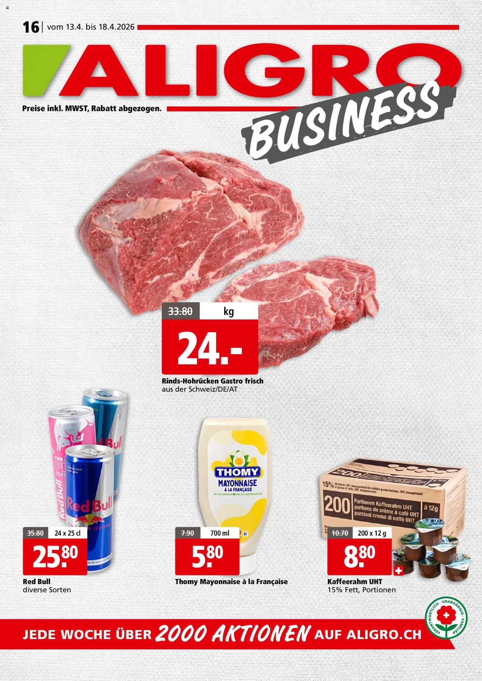 Aligro aktionen Business Chavannes, Matran, Genf, Sitten – gültig ab 13.04.2026 | Seite: 1 | Produkte: Red bull, Mayonnaise, Creme