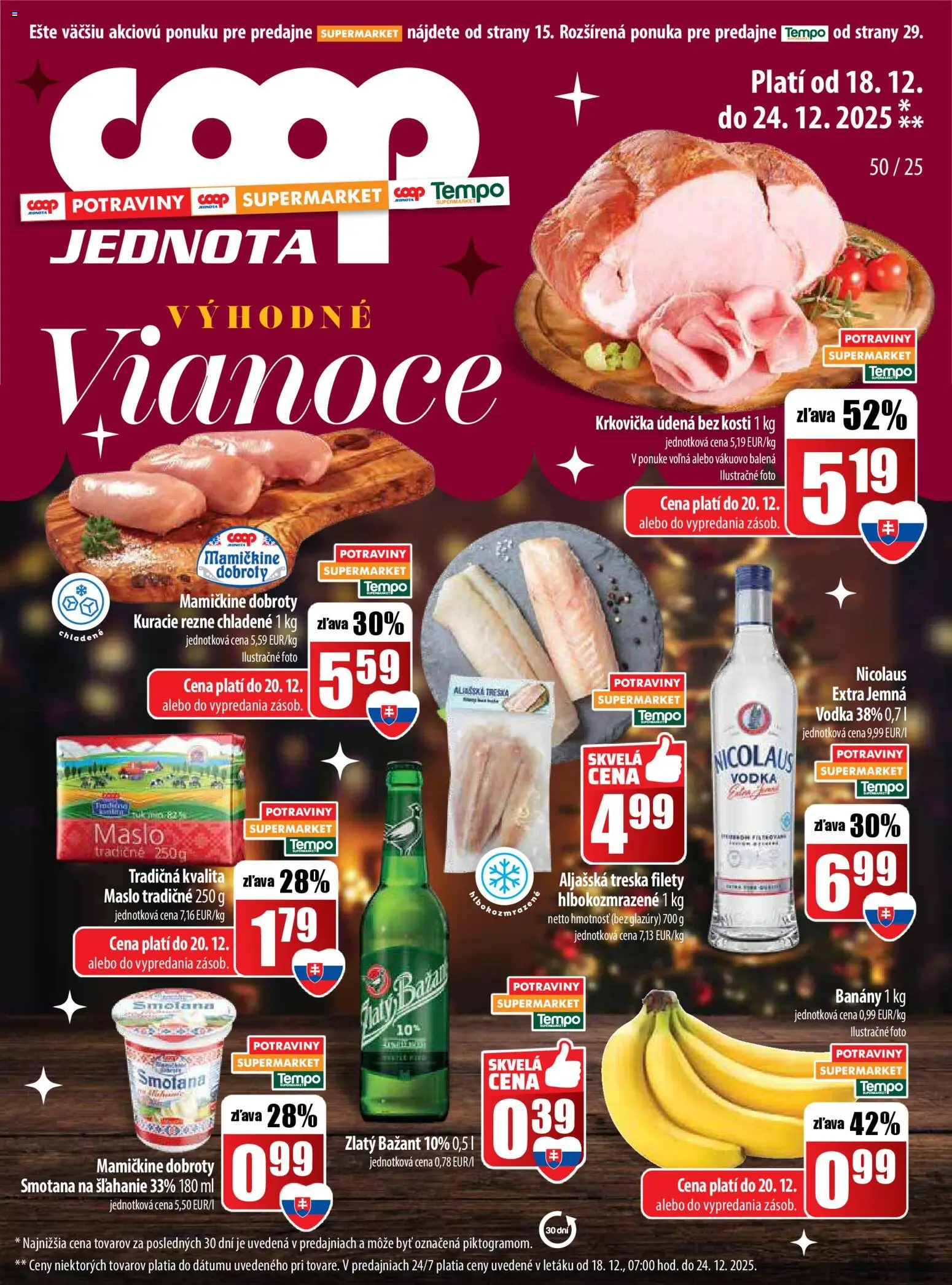 Nové COOP Jednota akcie – leták je platný od 18.12.2025 | Strana: 1 | Produkty: Maslo, Zlatý Bažant, Krkovička, Vodka