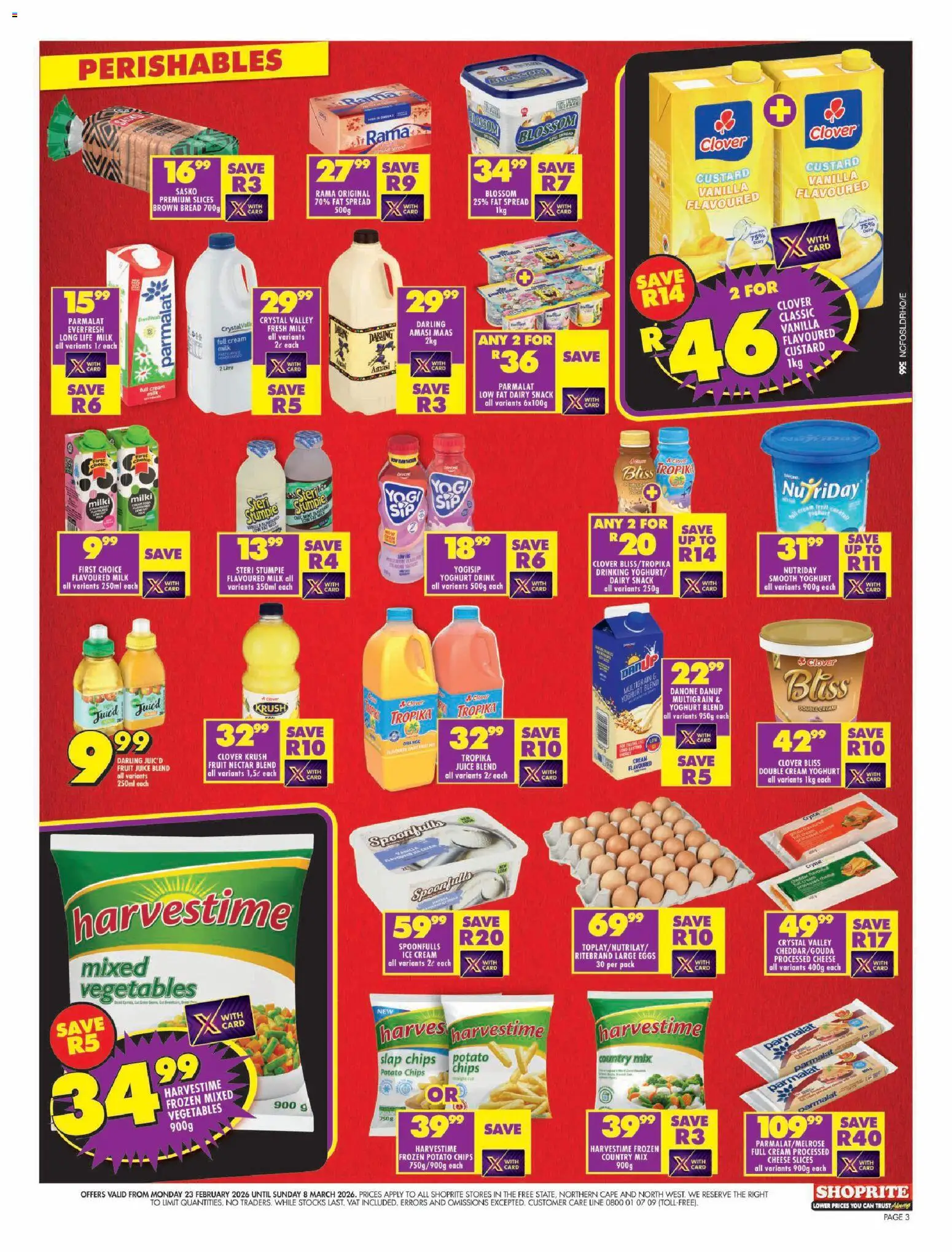 New Shoprite catalogue – valid from 23.02.2026 | Page: 3 | Products: Yoghurt, Milk, Bread, Chips