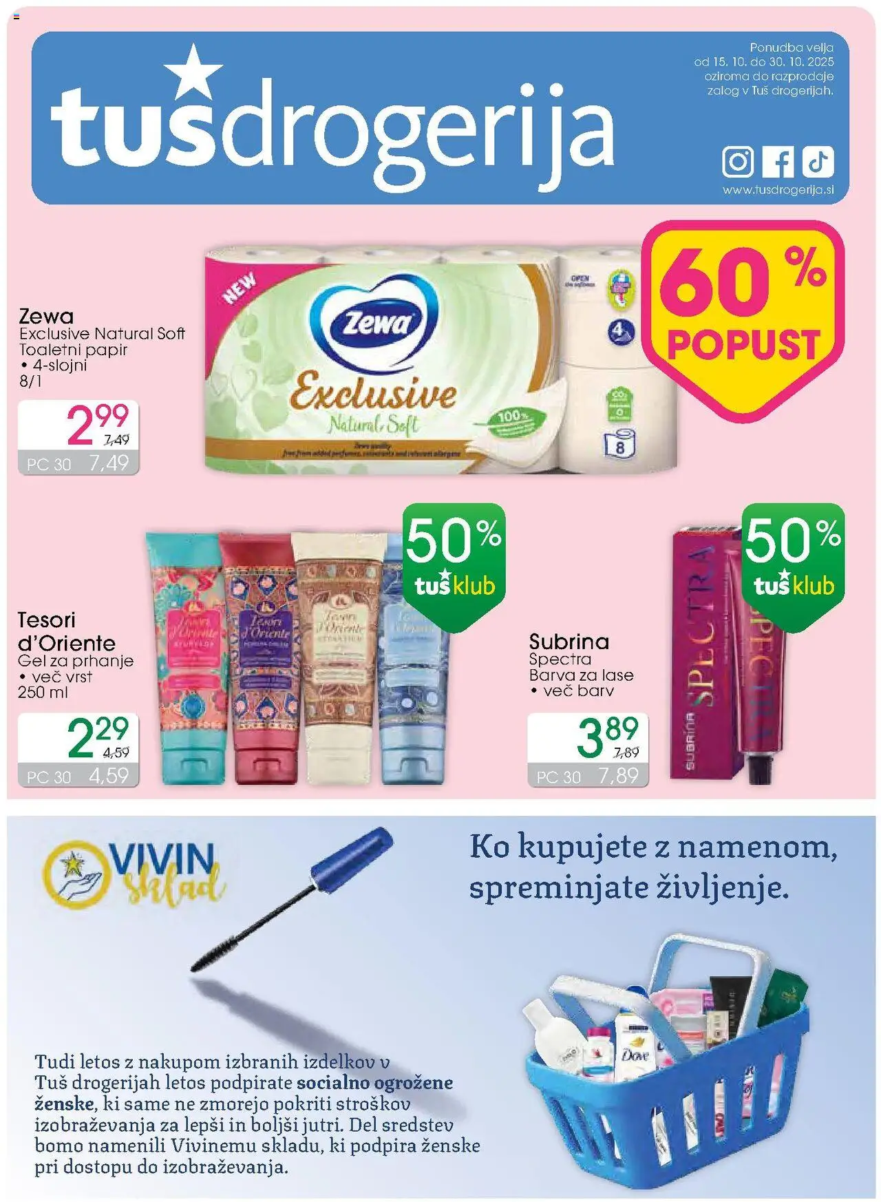 Novi Tuš drogerija katalog ponudbe – veljaven od 15.10.2025 | Stran: 1 | Izdelki: Gel za prhanje, Toaletni papir, Barva za lase, Barva