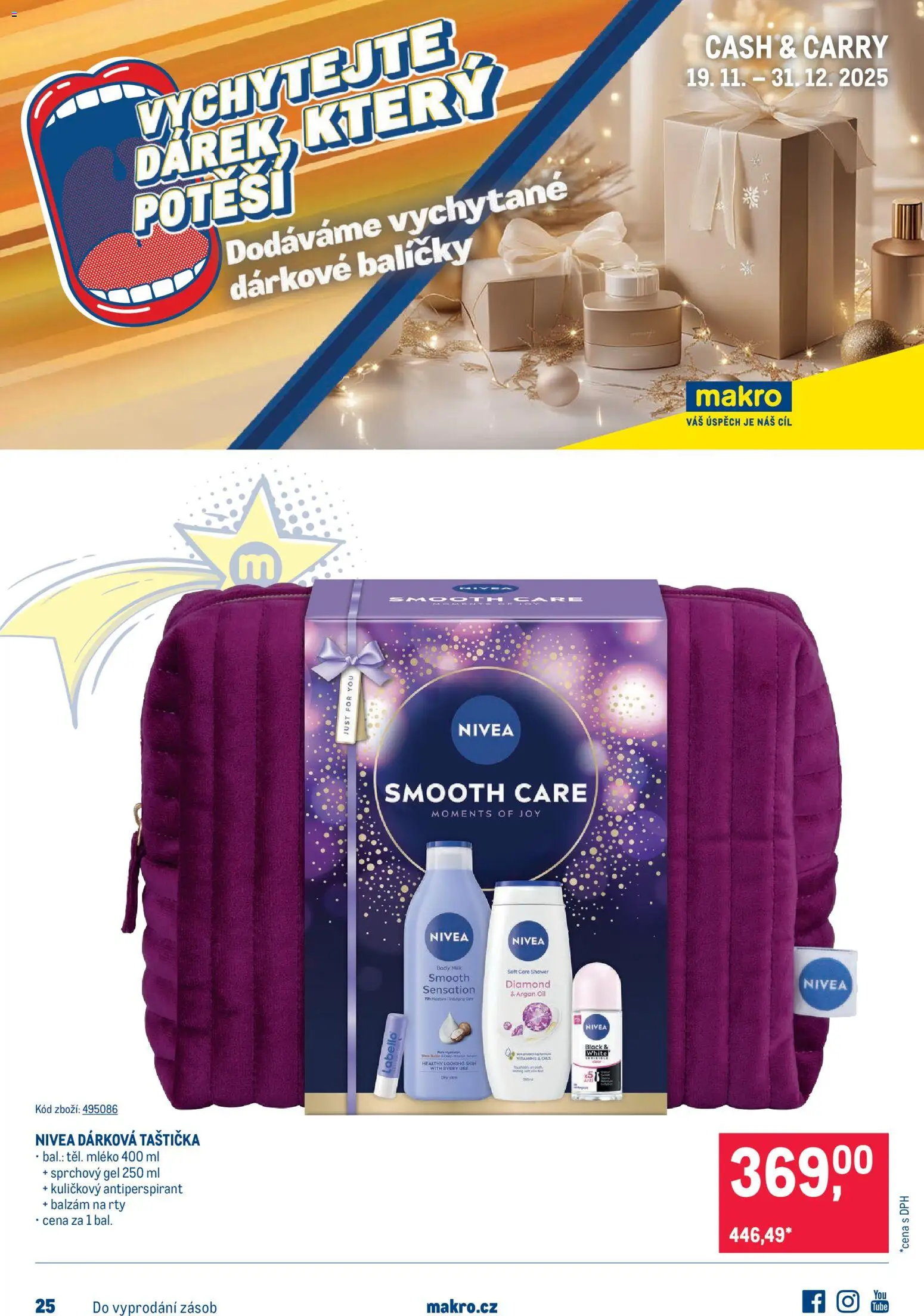 Makro leták - Kosmetické balíčky od 19.11.2025 | Strana: 1 | Produkty: Sprchový gel, Mléko, Balzám na rty, Body