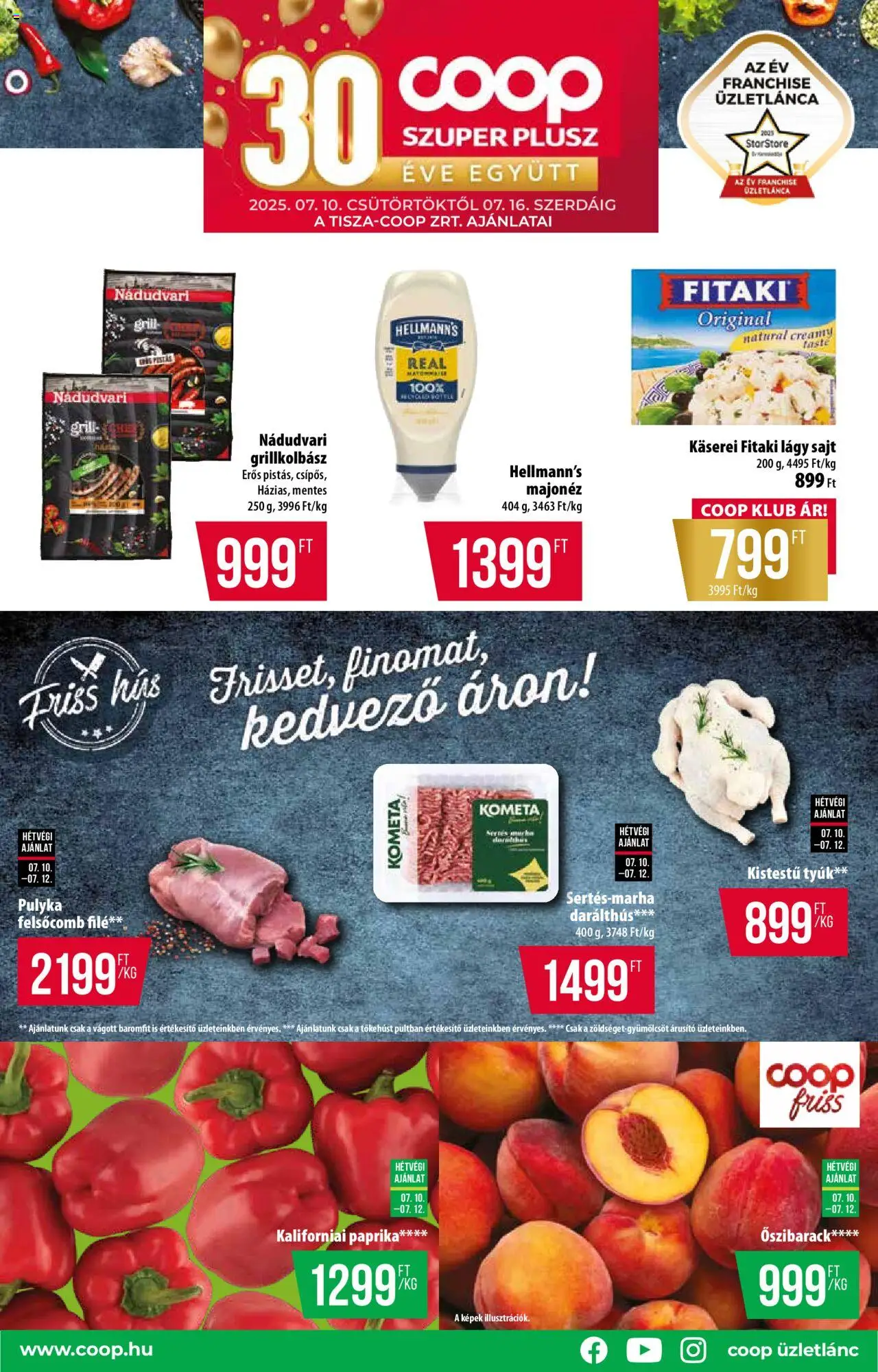 COOP akciós ujság - amely érvényes a következő dátumtól: 10.07.2025 | Oldal: 1 | Termékek: Őszibarack, Sajt, Kaliforniai paprika, Majonéz