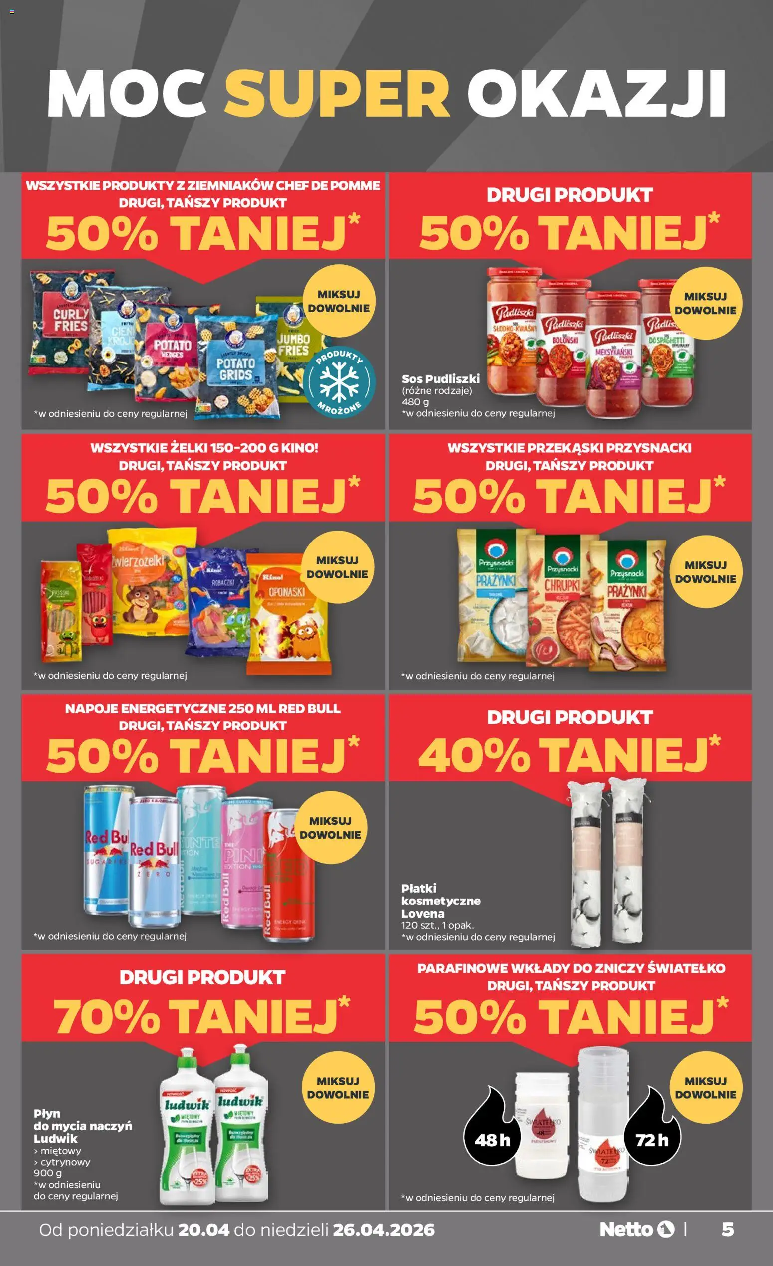 Netto gazetka od poniedziałku spożywcza od 20.04.2026 | Strona: 5 | Produkty: Red bull, Napoje, Żelki, Płatki kosmetyczne
